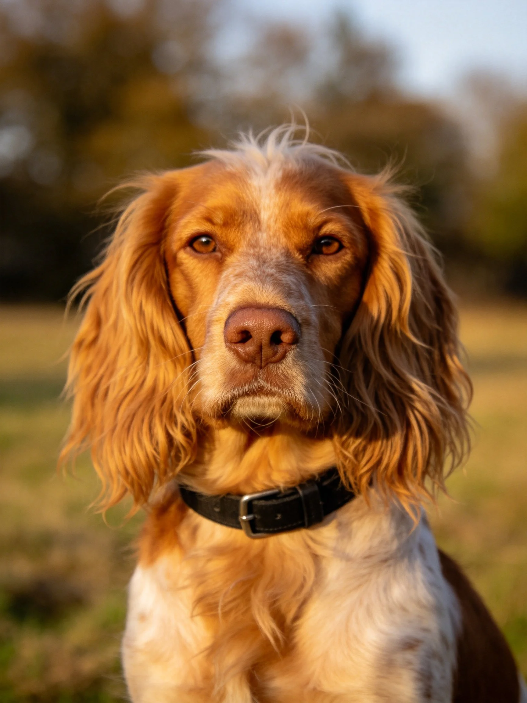 Golden-brown spaniel with long wavy ears in a sunlit field