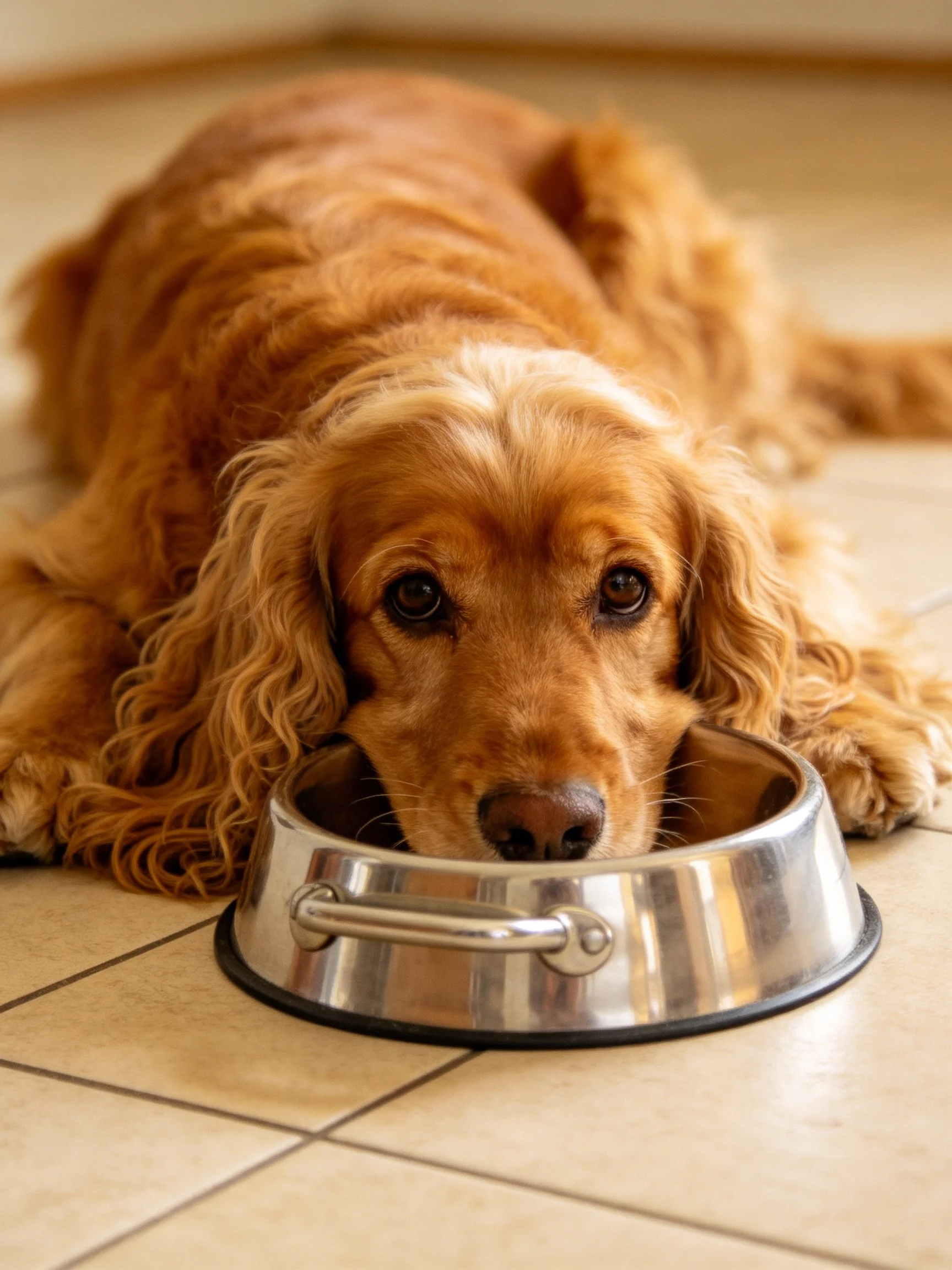 Golden dog relaxes with head in metallic pet dish on tiled floor