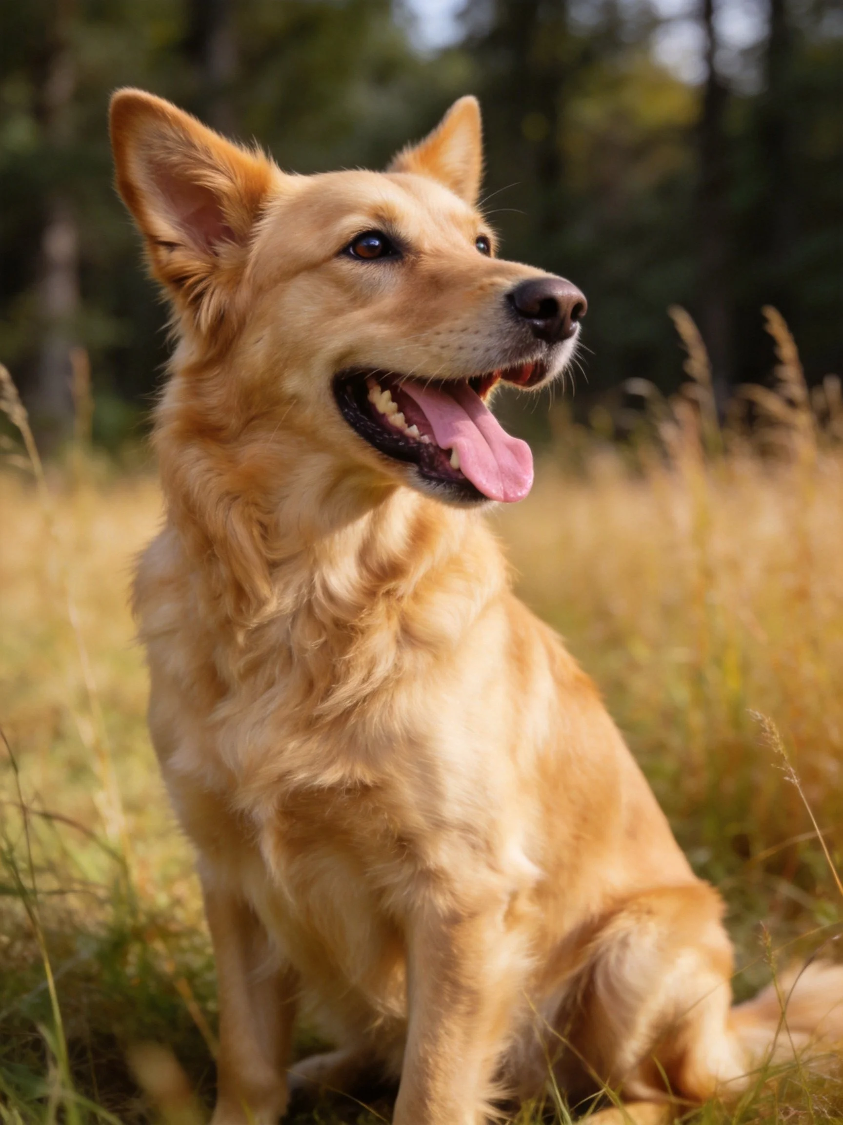 Golden-coated dog sits happily in sunlit grass near trees.