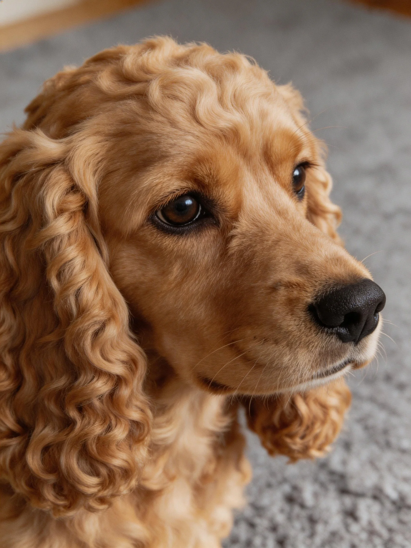 A golden-coated dog gazes thoughtfully with curly ears.