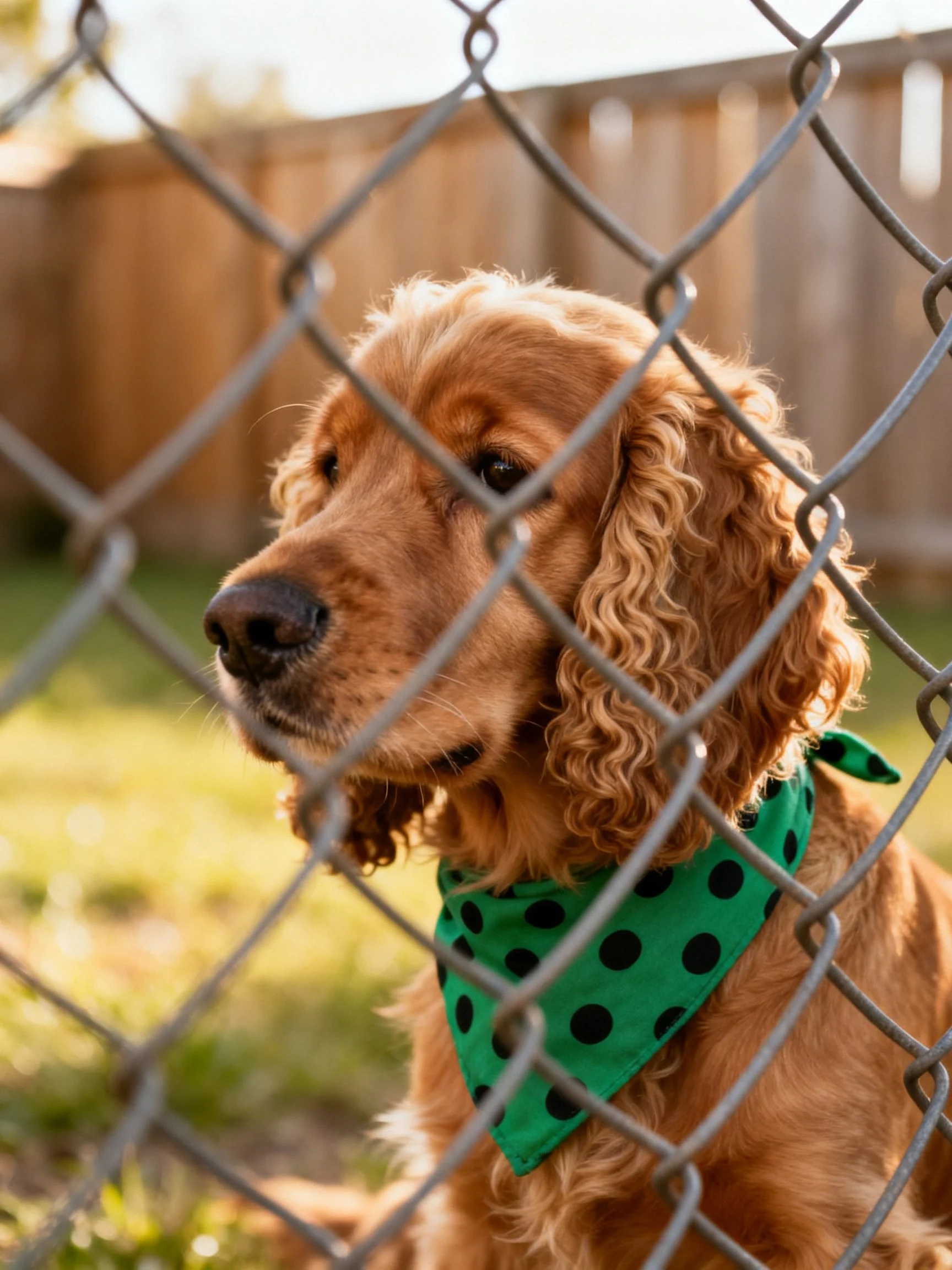 Golden retriever mix dog wears green polka dot bandana behind chain-link fence