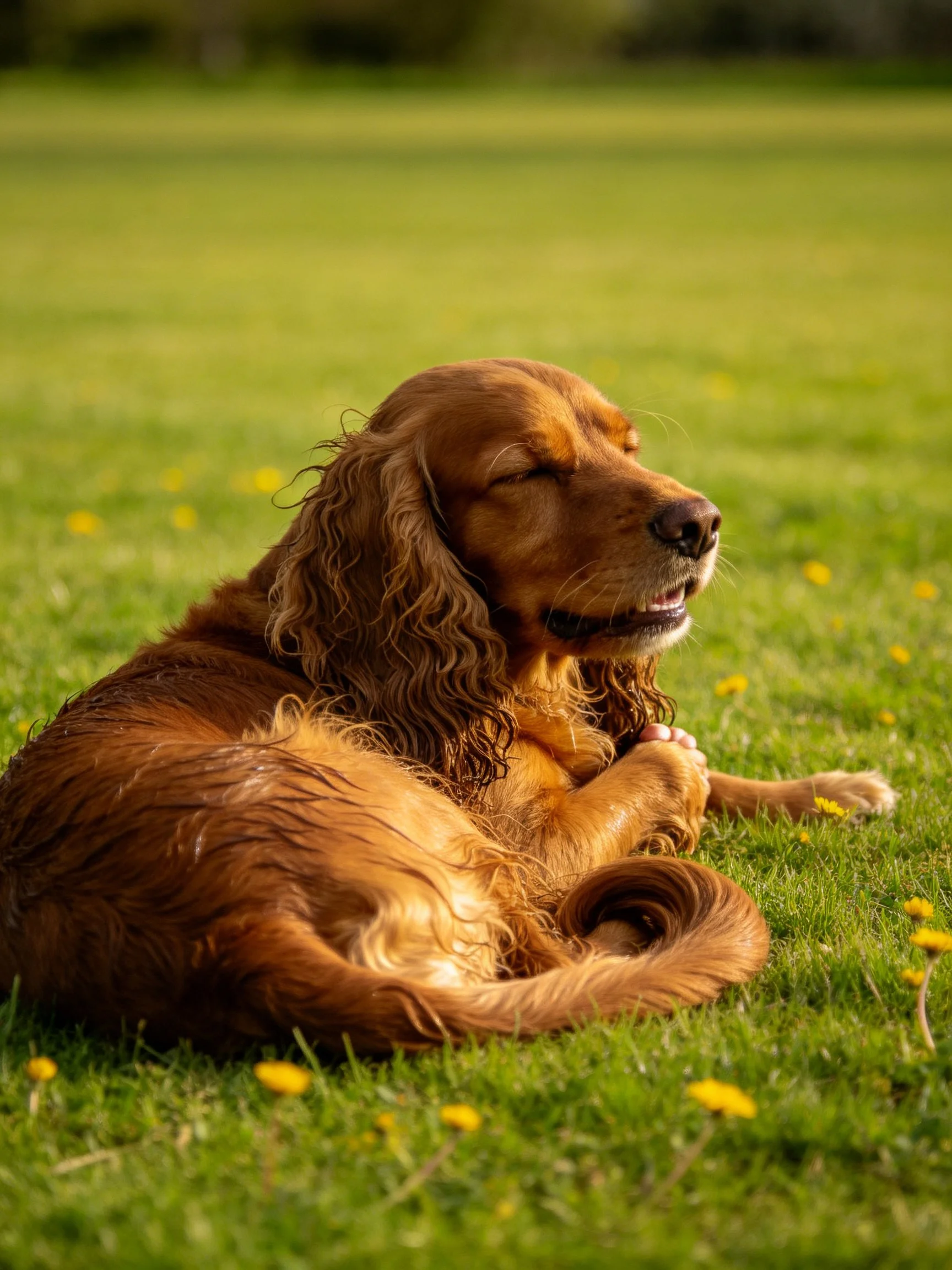 A golden spaniel relaxes on a grassy area with scattered yellow flowers.