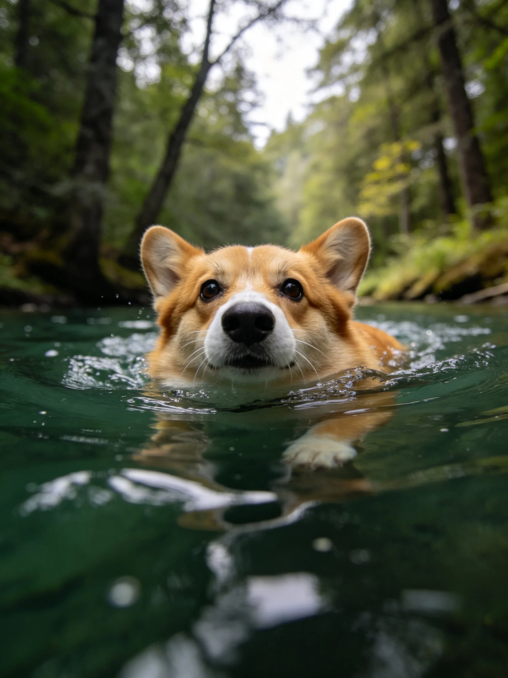 A corgi swims in clear green water with a forested environment.