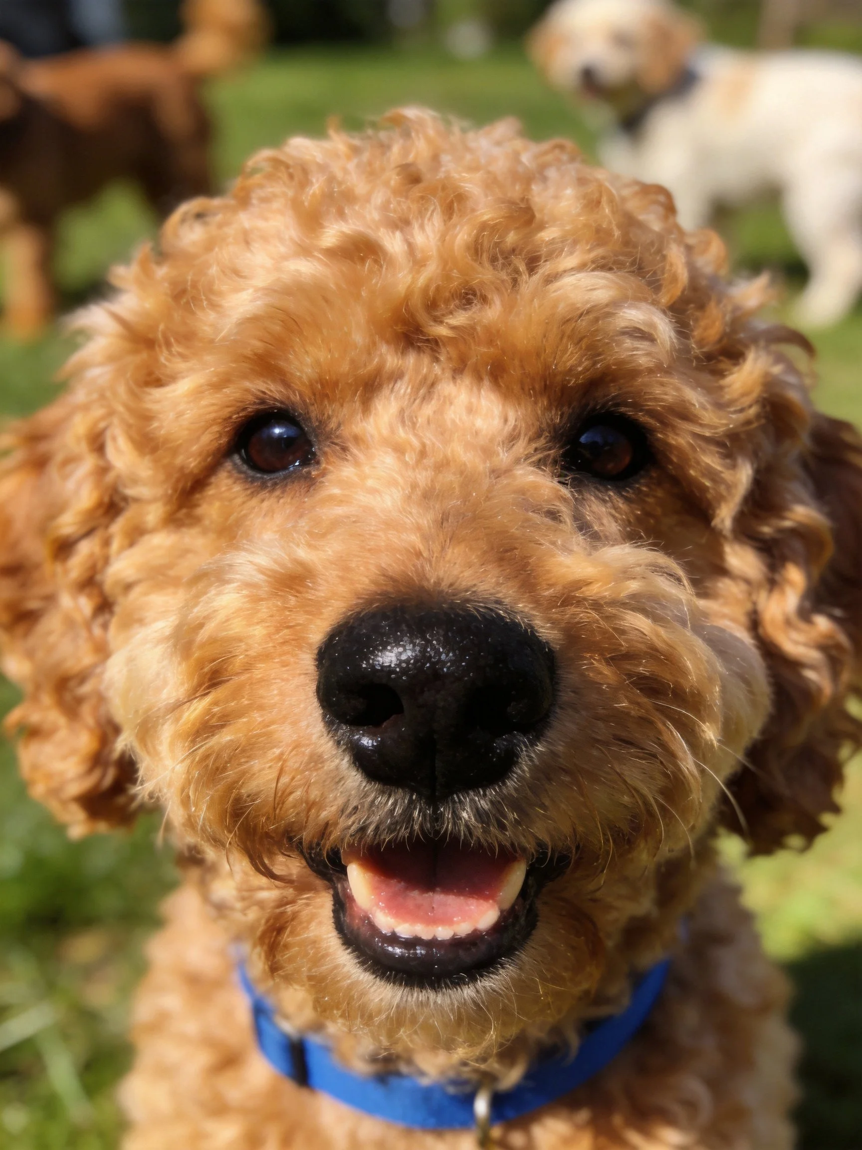 A golden curly-haired dog with a blue collar is shown up close in a sunny outdoor area.