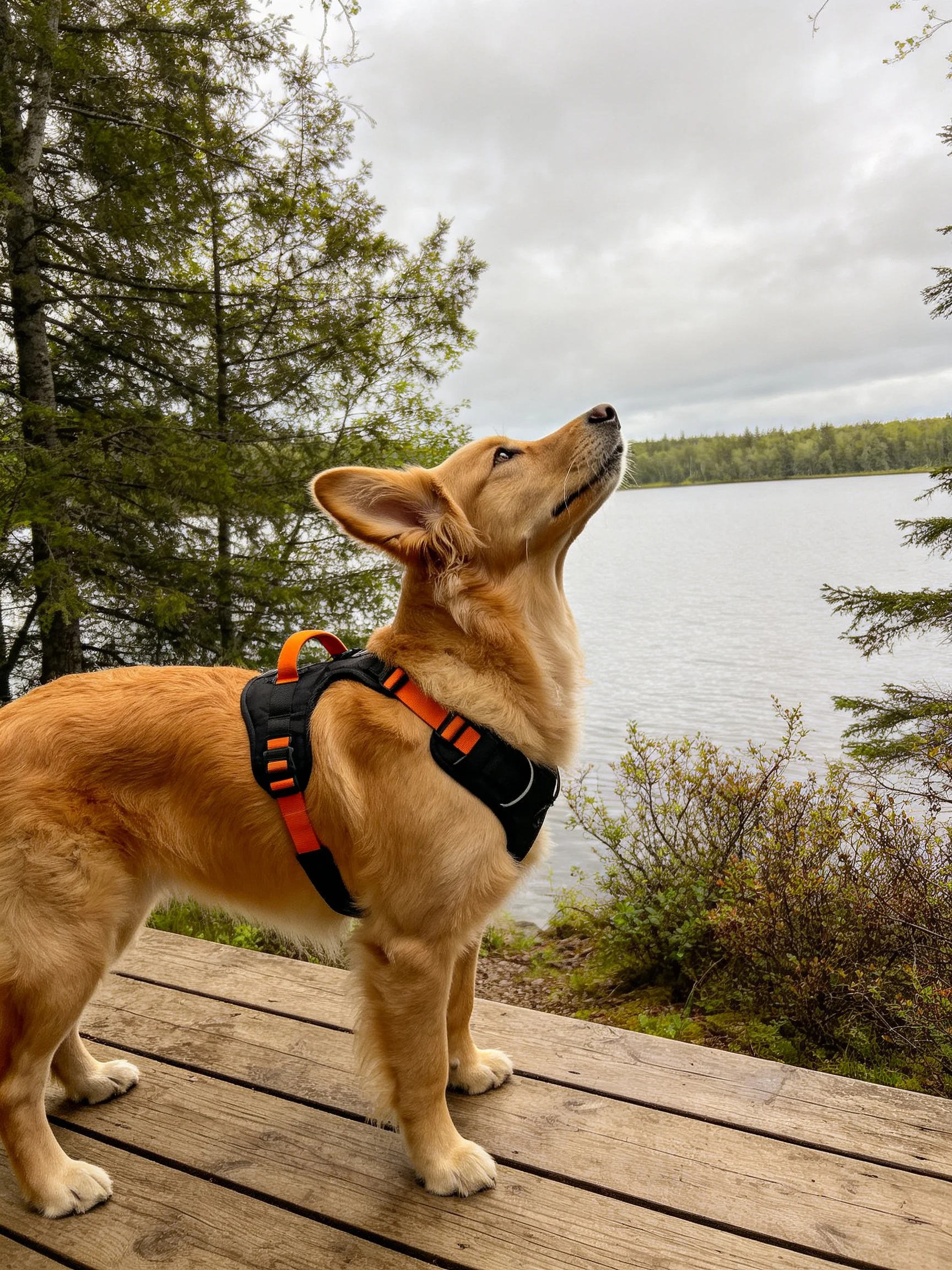 Golden dog in black-orange harness stands on wooden deck by calm lake