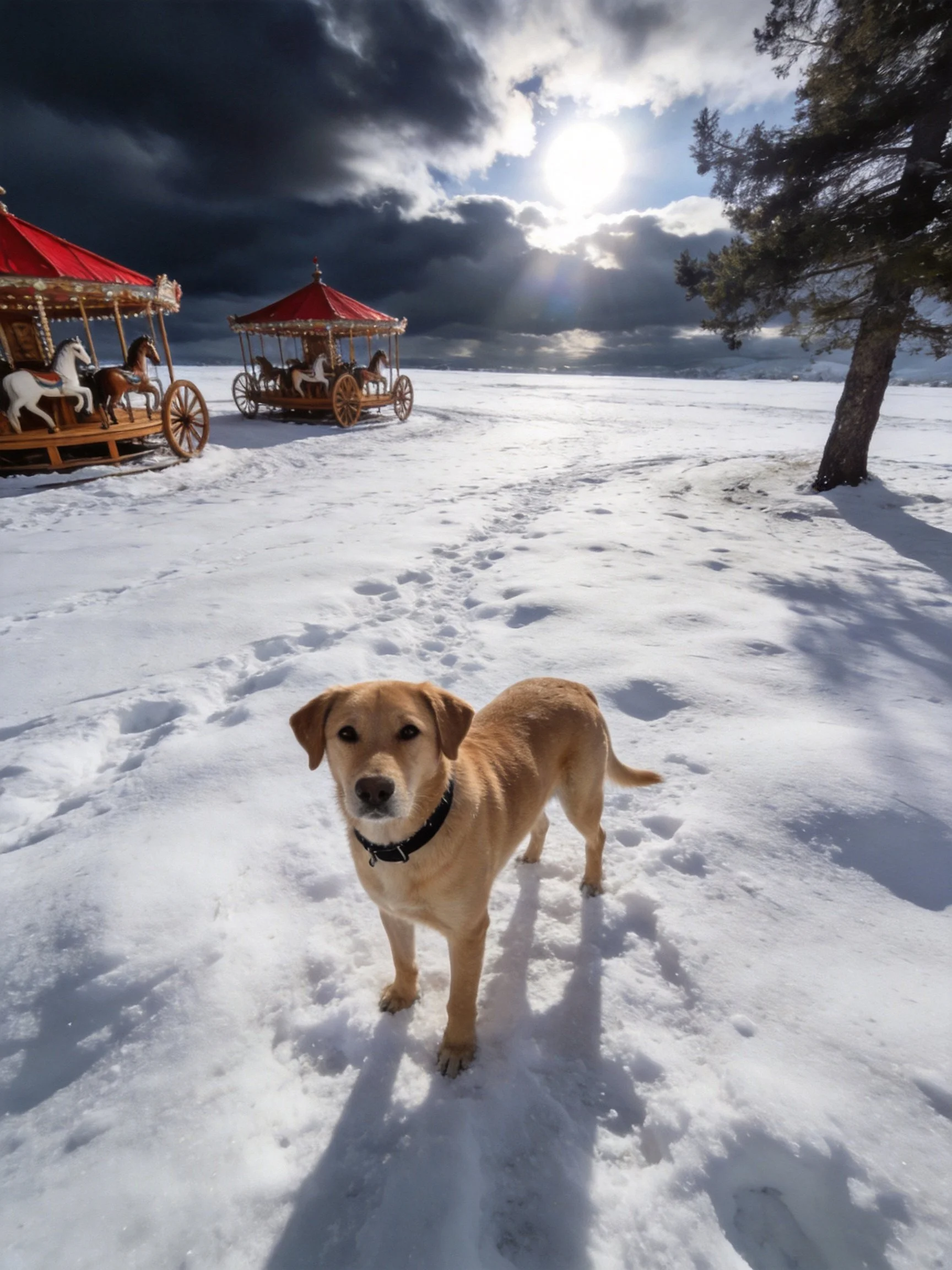 Golden dog on snowy ground near red-roofed carousels under dramatic sky