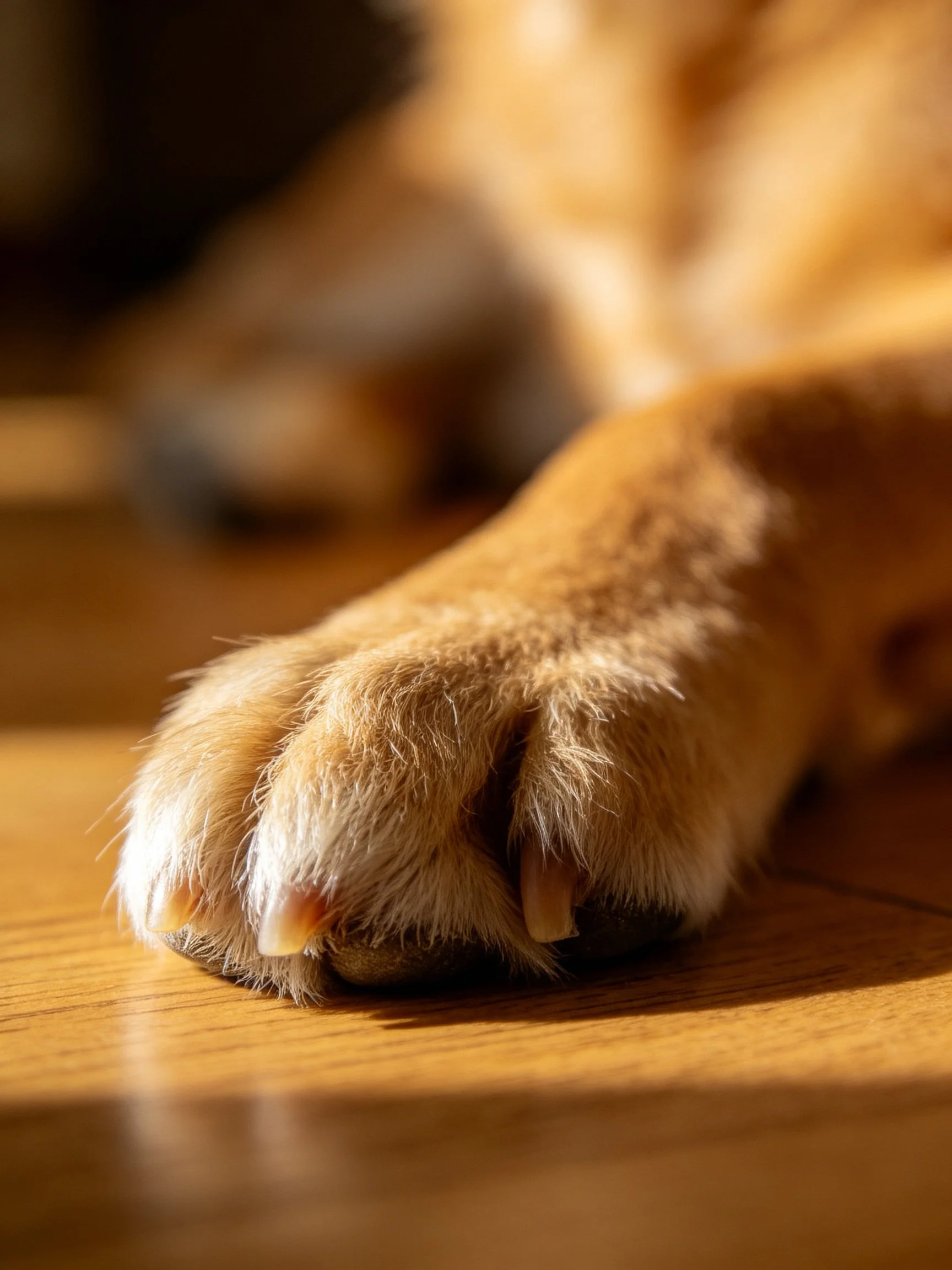Golden dog’s paw resting on a wooden floor with warm light.