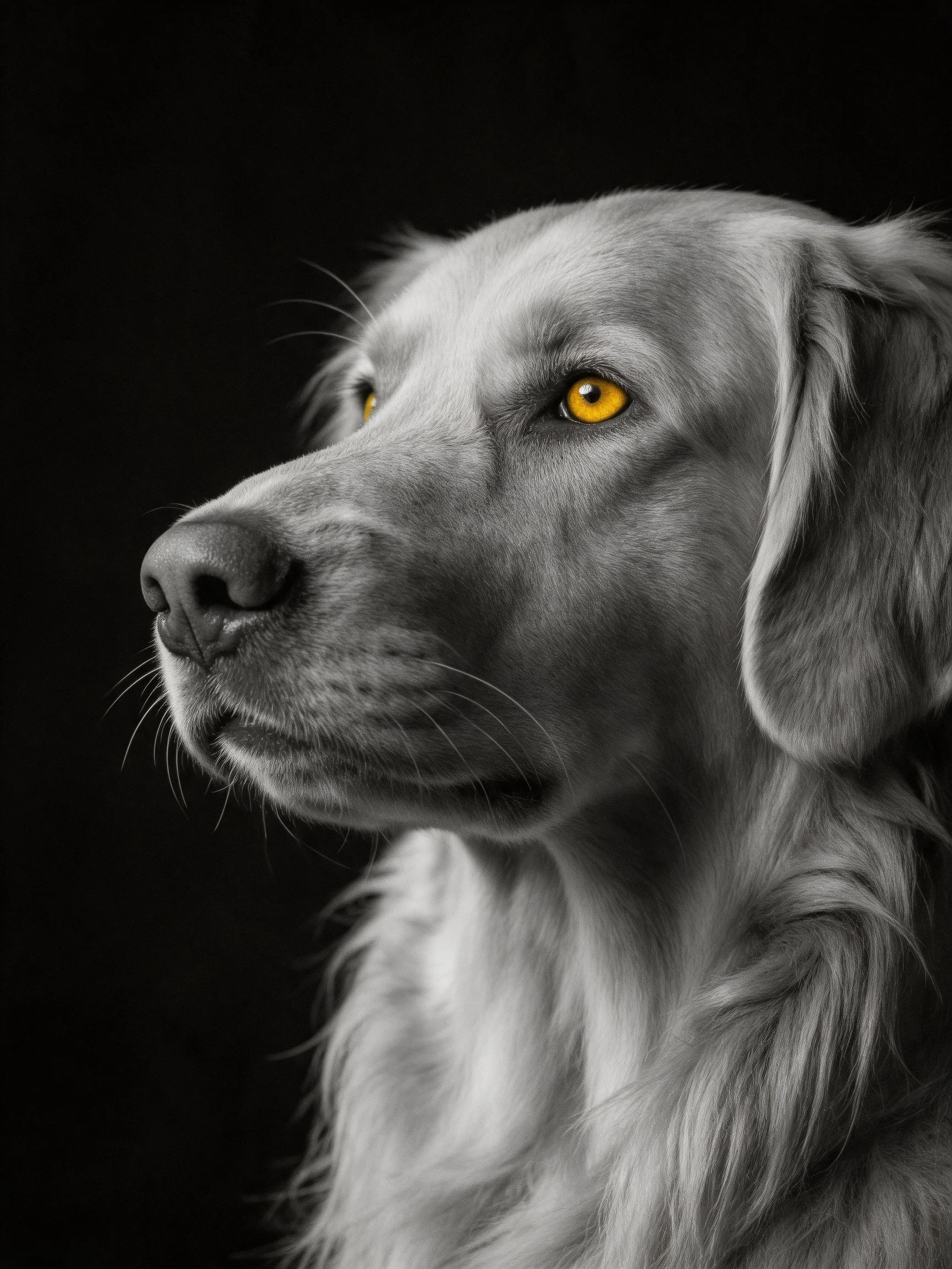 Golden-eyed dog with long gray fur against a stark black background