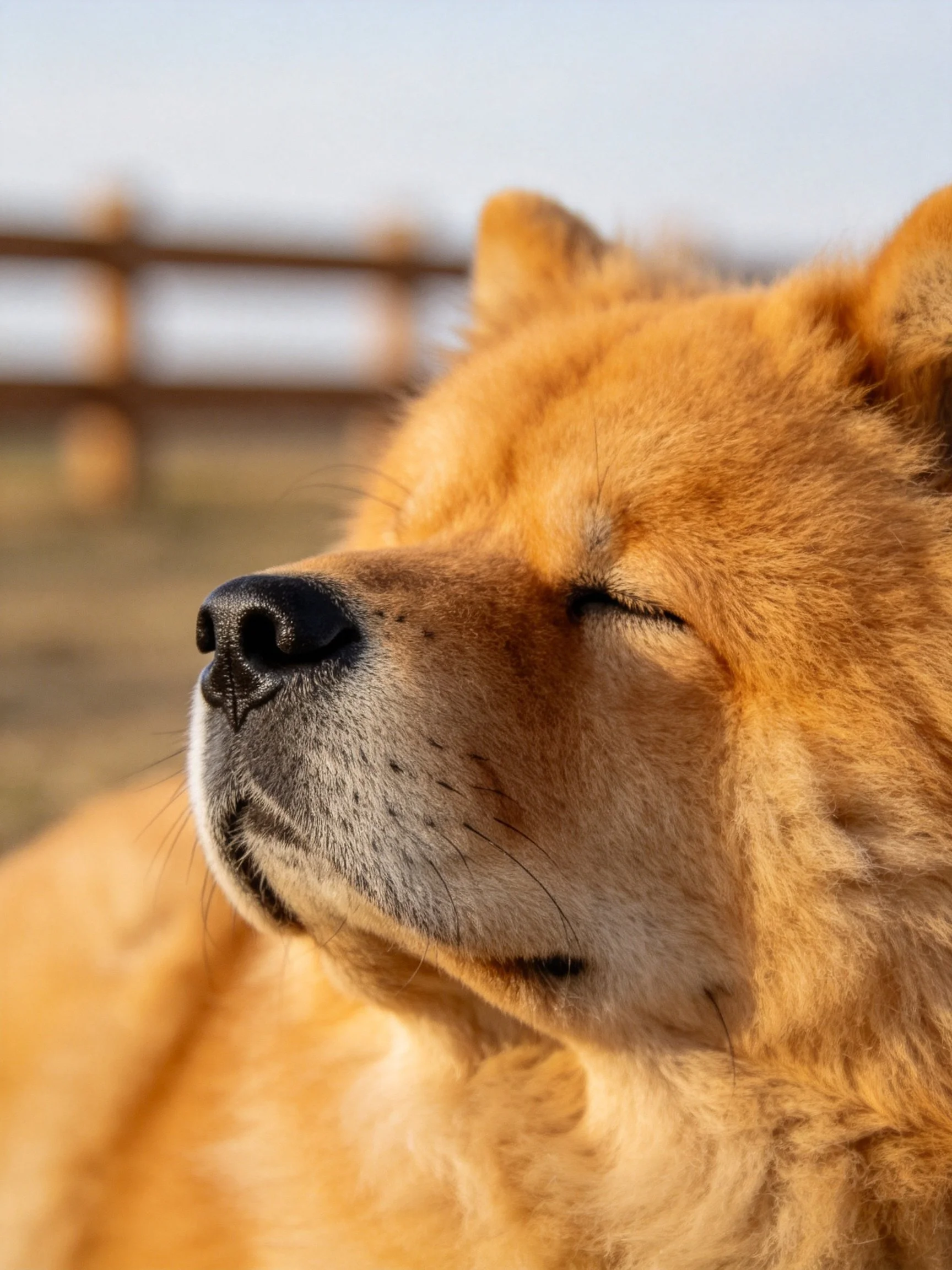 Golden-furred dog rests peacefully near wooden fence.