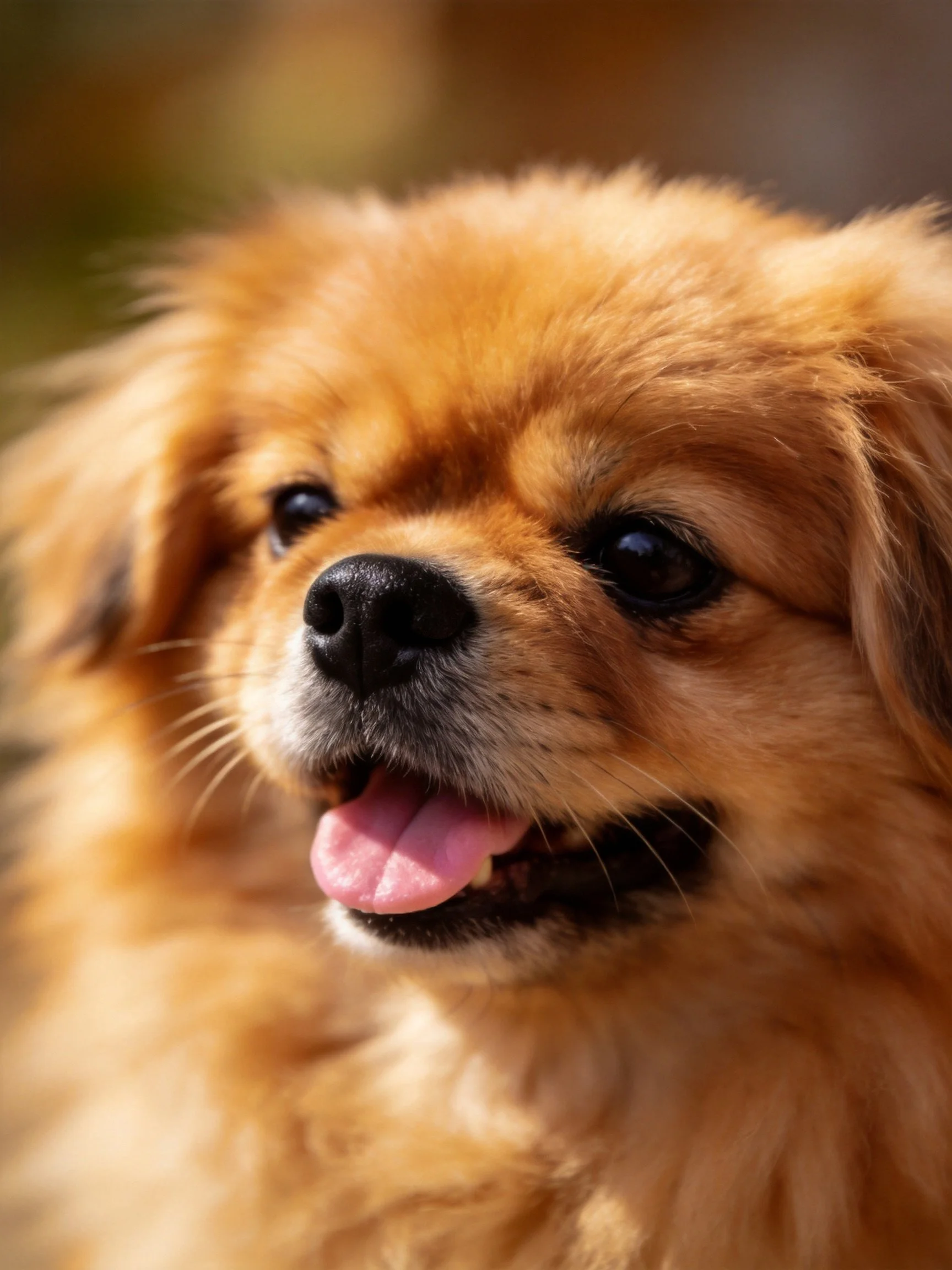 A golden-furred dog with bright eyes and pink tongue looks happy.