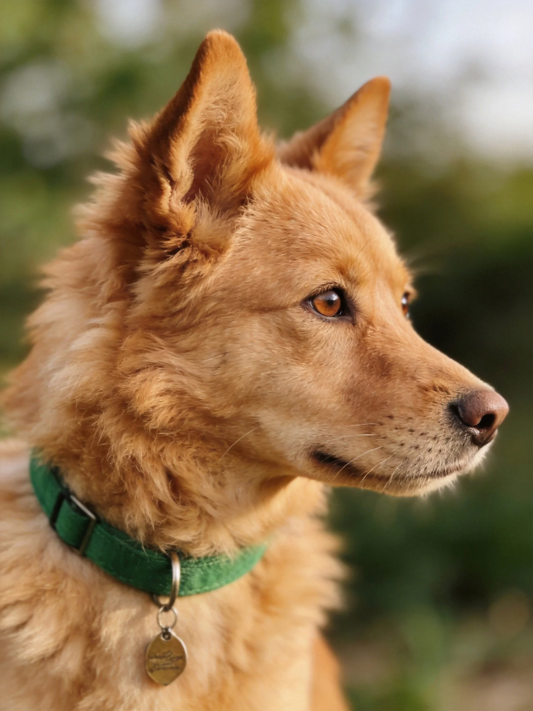 Golden-furred dog with green collar gazes attentively outdoors.