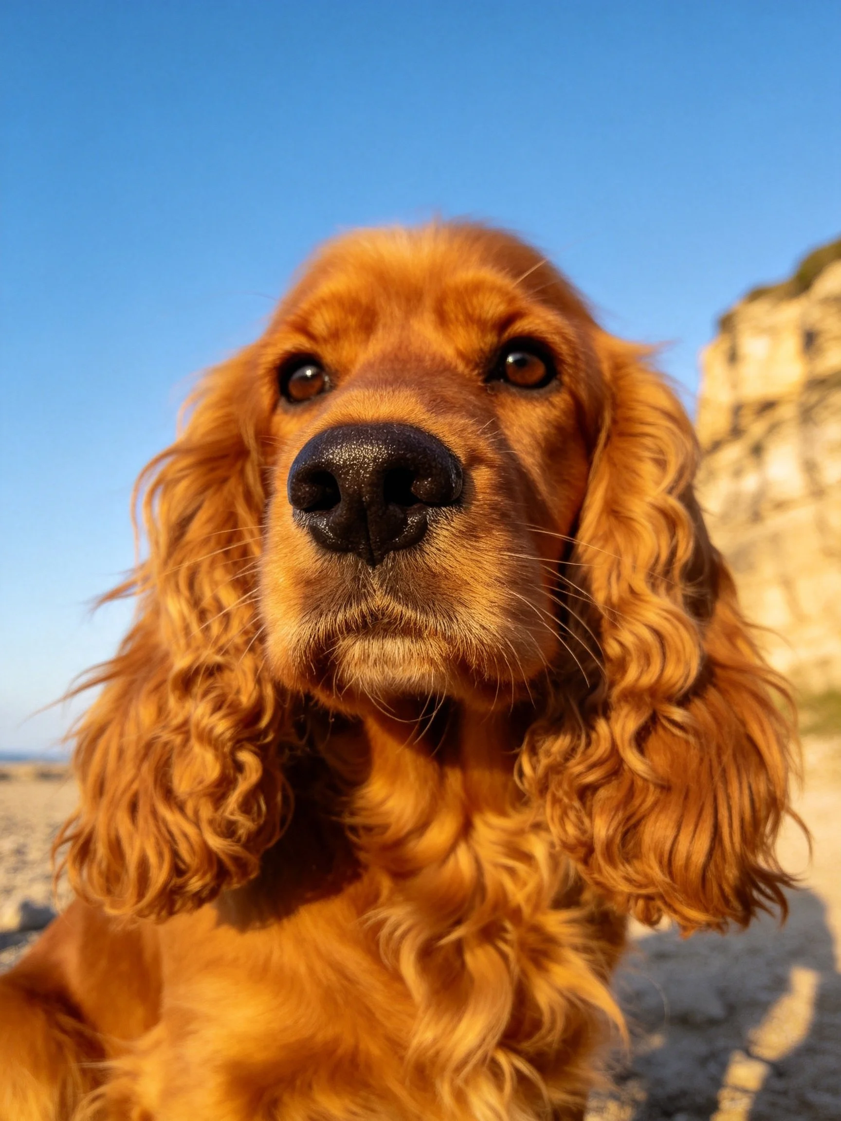 A golden-furred dog stands near rocky cliffs under a clear blue sky.
