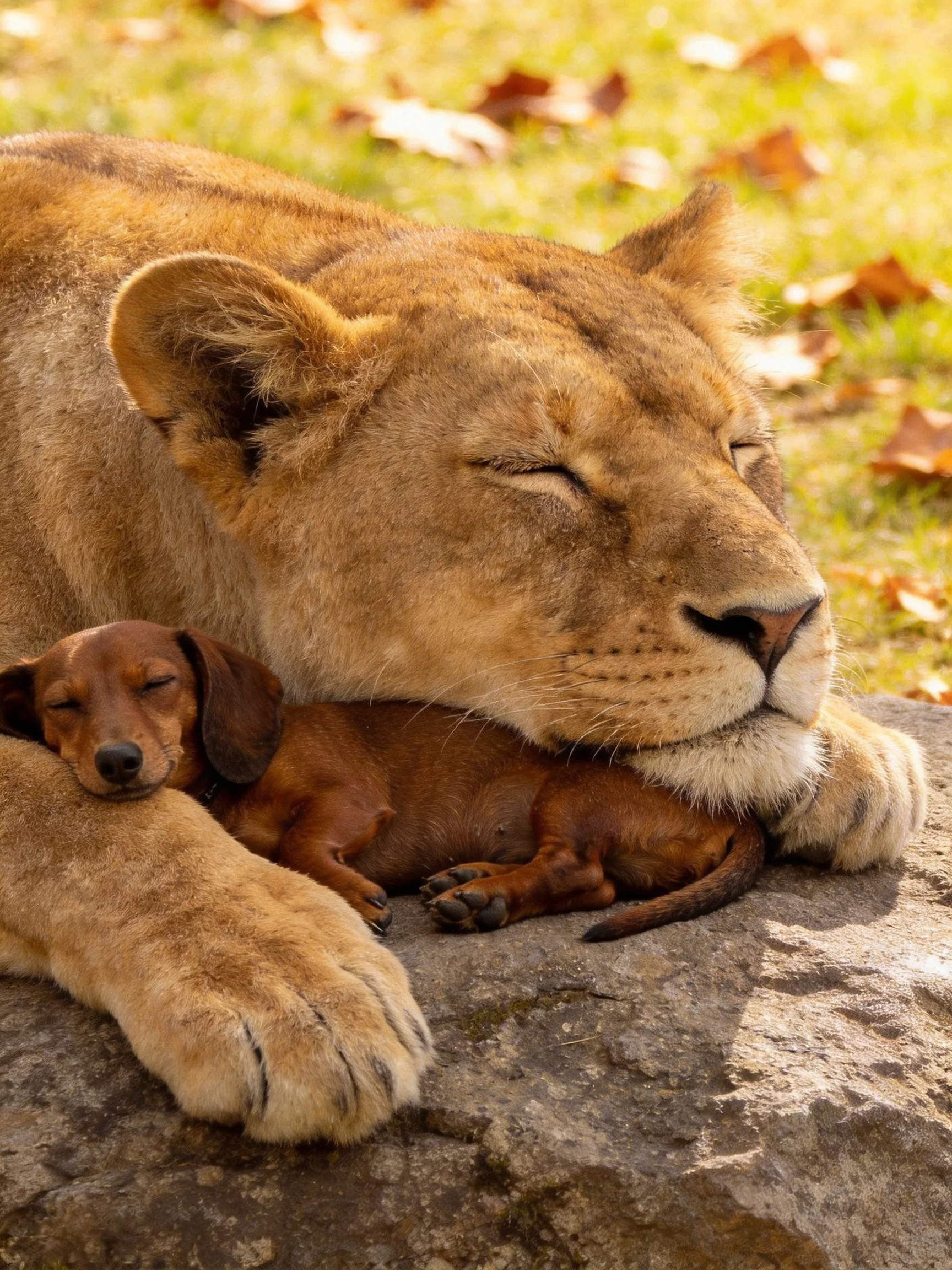 A golden lioness cuddles a small brown dog while resting on a rock.