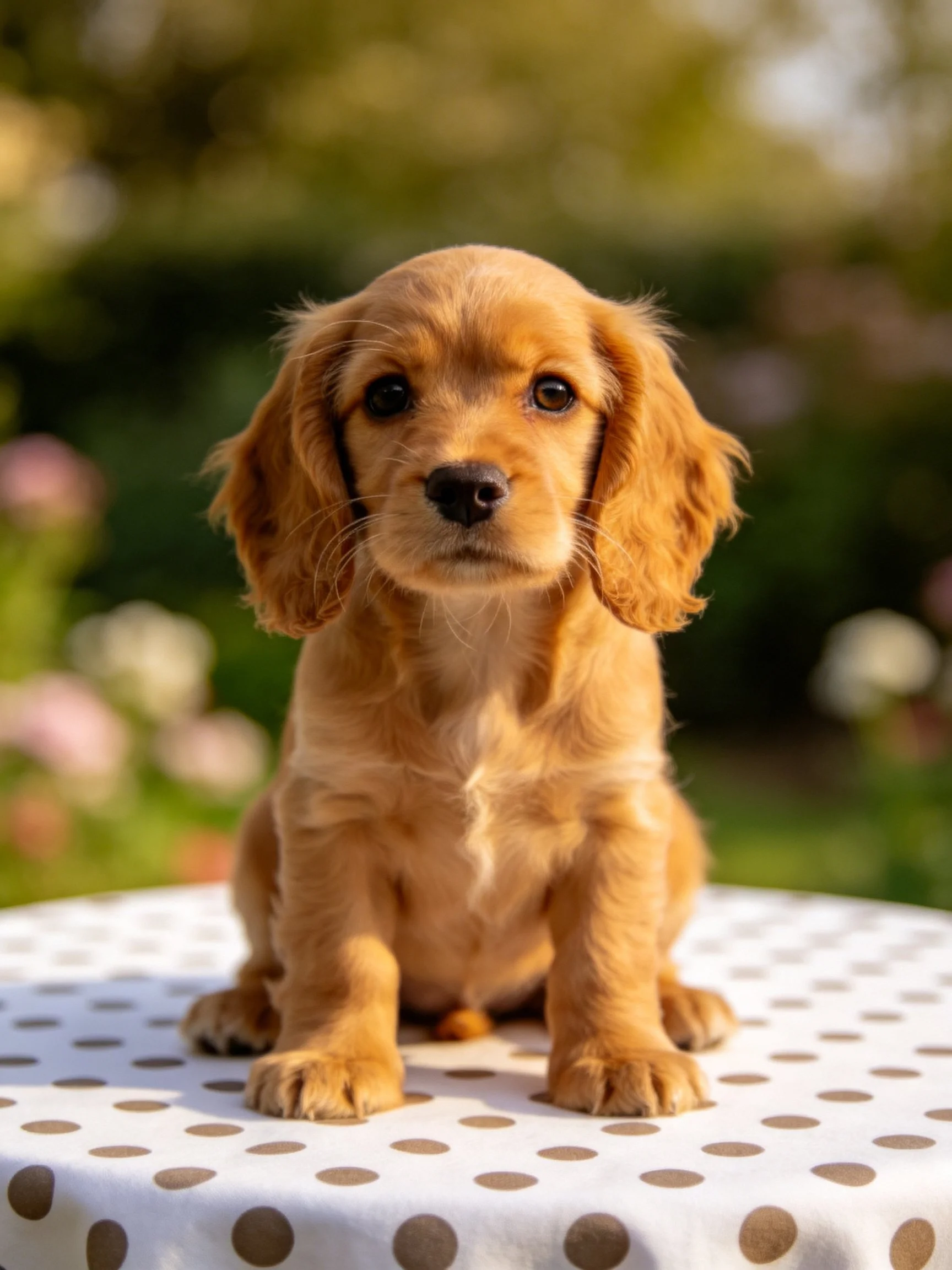 Golden puppy sits on spotted table in an outdoor setting.
