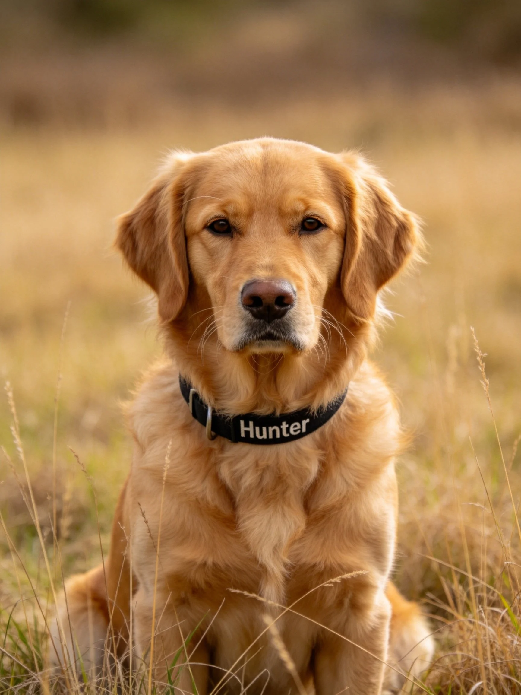 Golden retriever Hunter rests quietly among tall grasses.