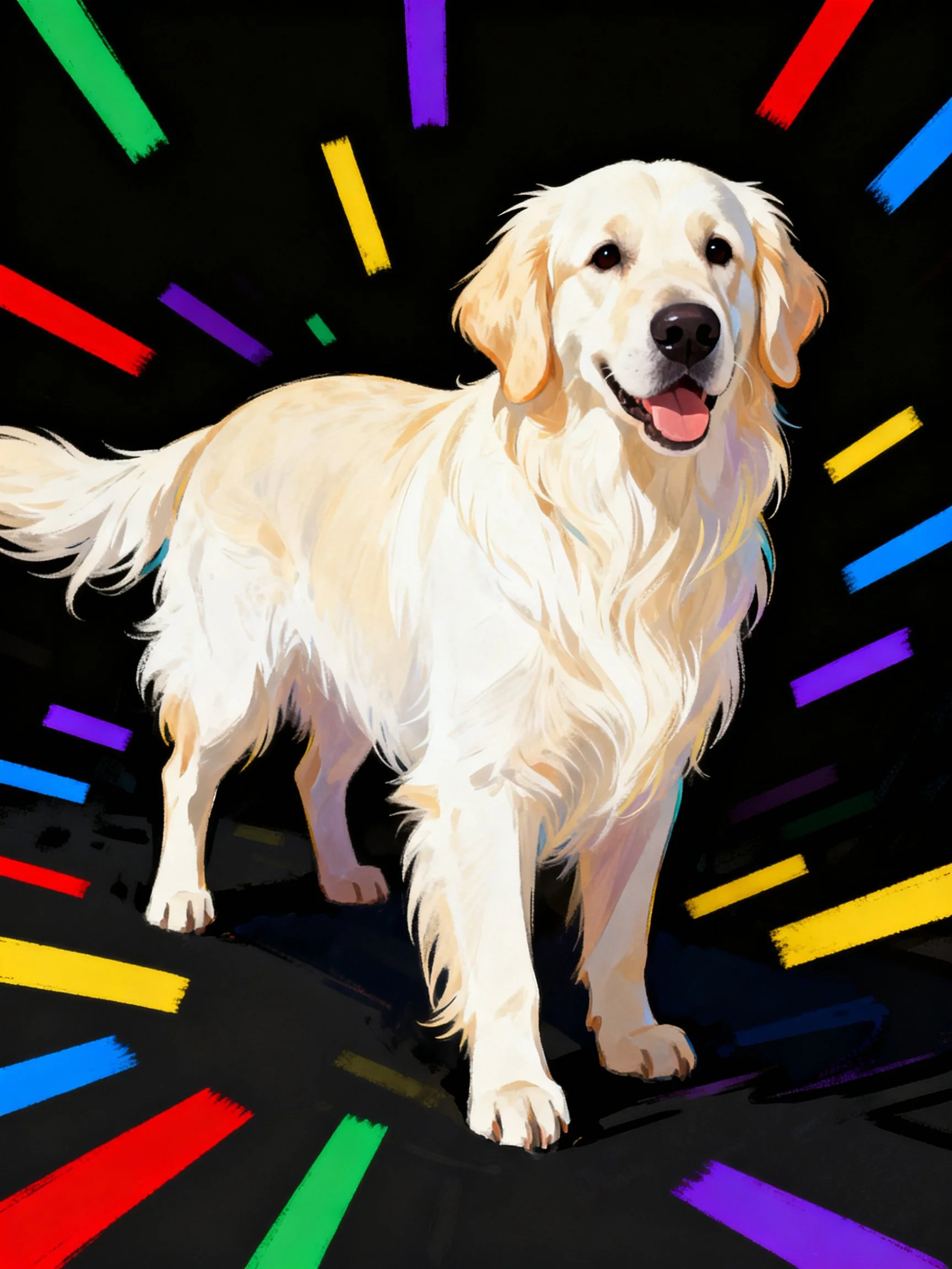 Golden retriever amidst vibrant multicolor brushstrokes on black backdrop