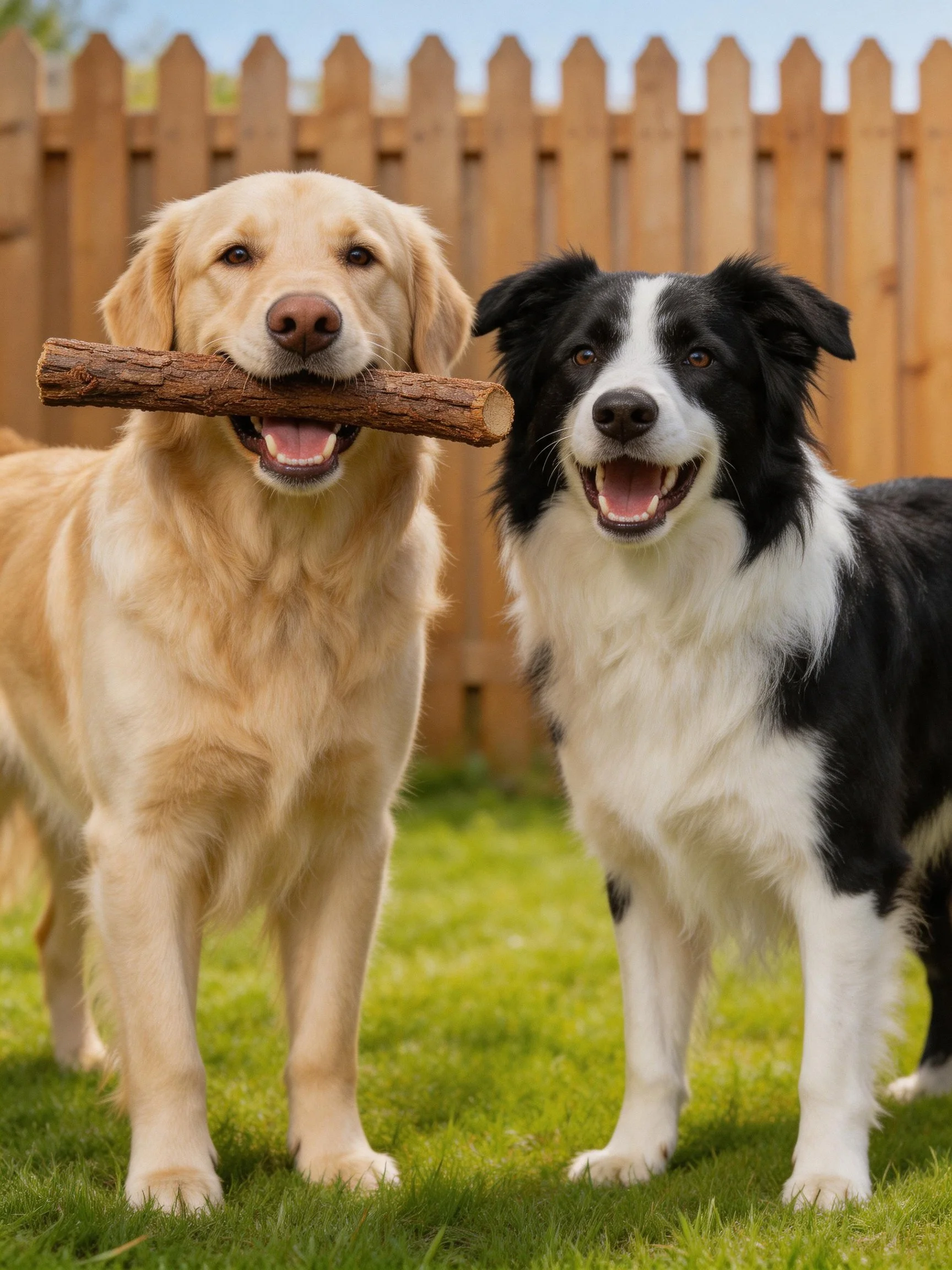 Two dogs, one golden retriever and one Border Collie, hold a log near a fence on grass.