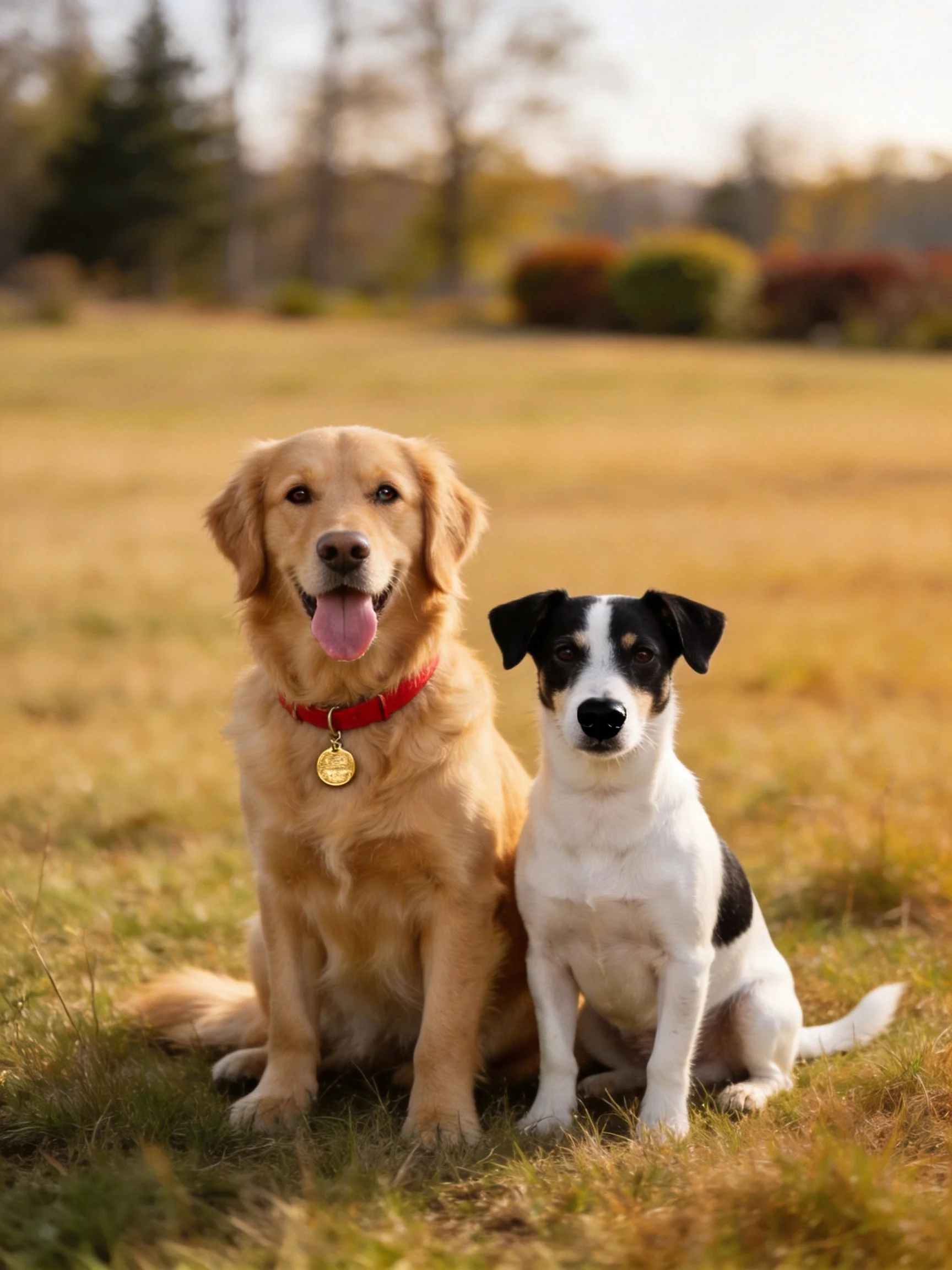 Golden retriever and Jack Russell terrier sitting ongrassy field