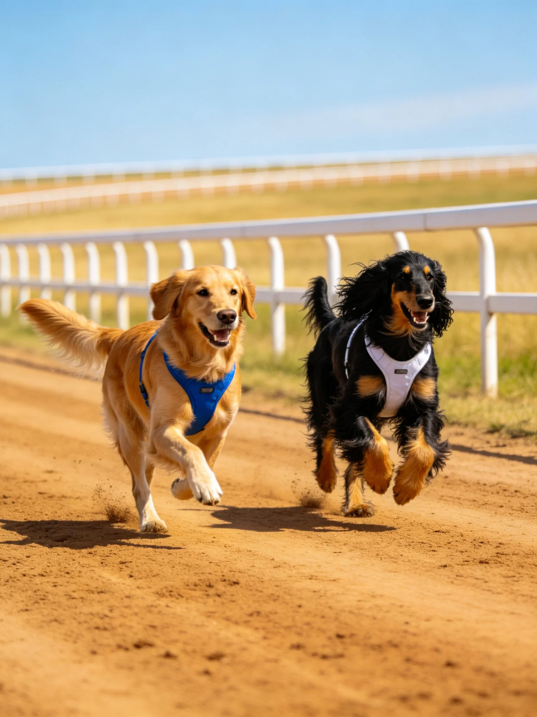 Two dogs run side by side on a dirt track in clear weather.
