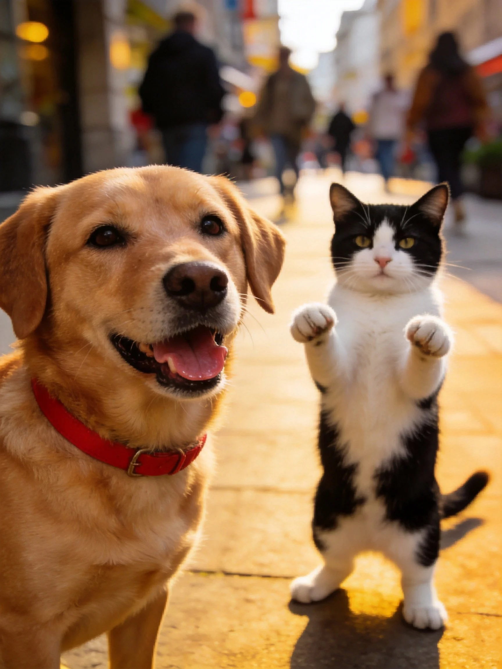 Golden retriever stands beside black - white cat on sunlit sidewalk