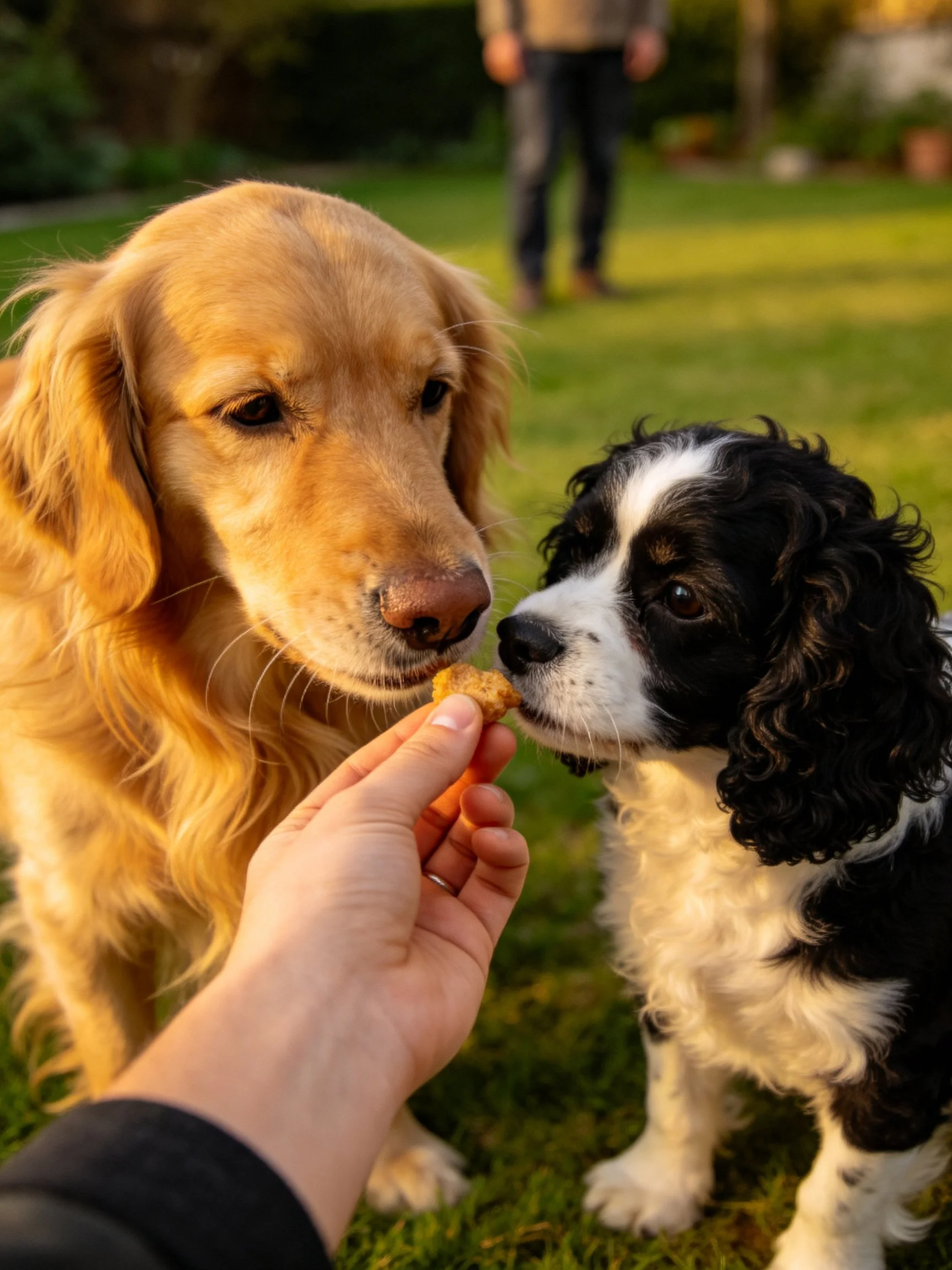 Two dogs share a treat from a human hand in a sunlit outdoor space.
