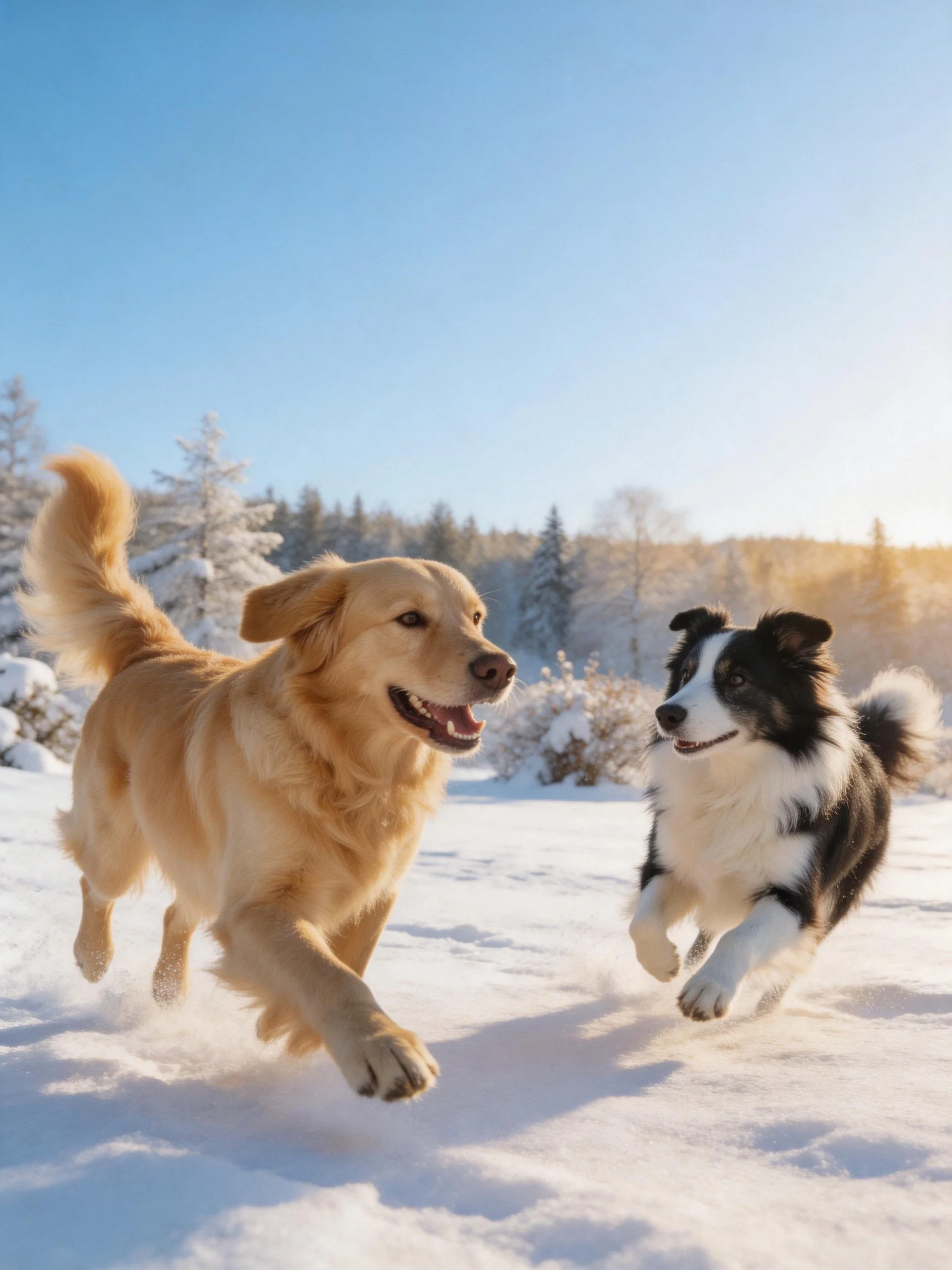 Two dogs, a golden retriever and a border collie, run joyfully through snow in a sunny winter scene.