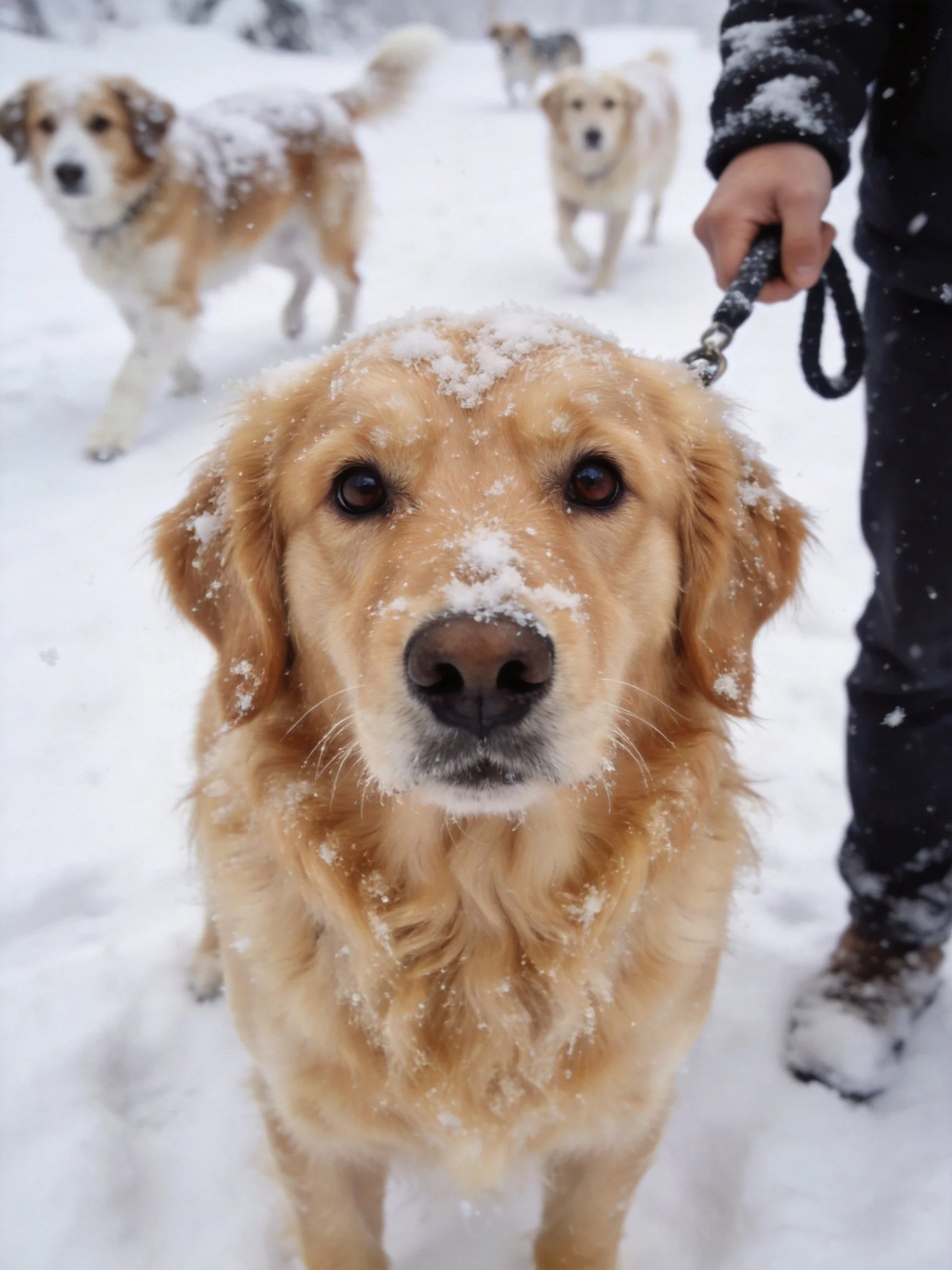 Dogs, including a golden retriever, are walked by a person in a snowy setting.