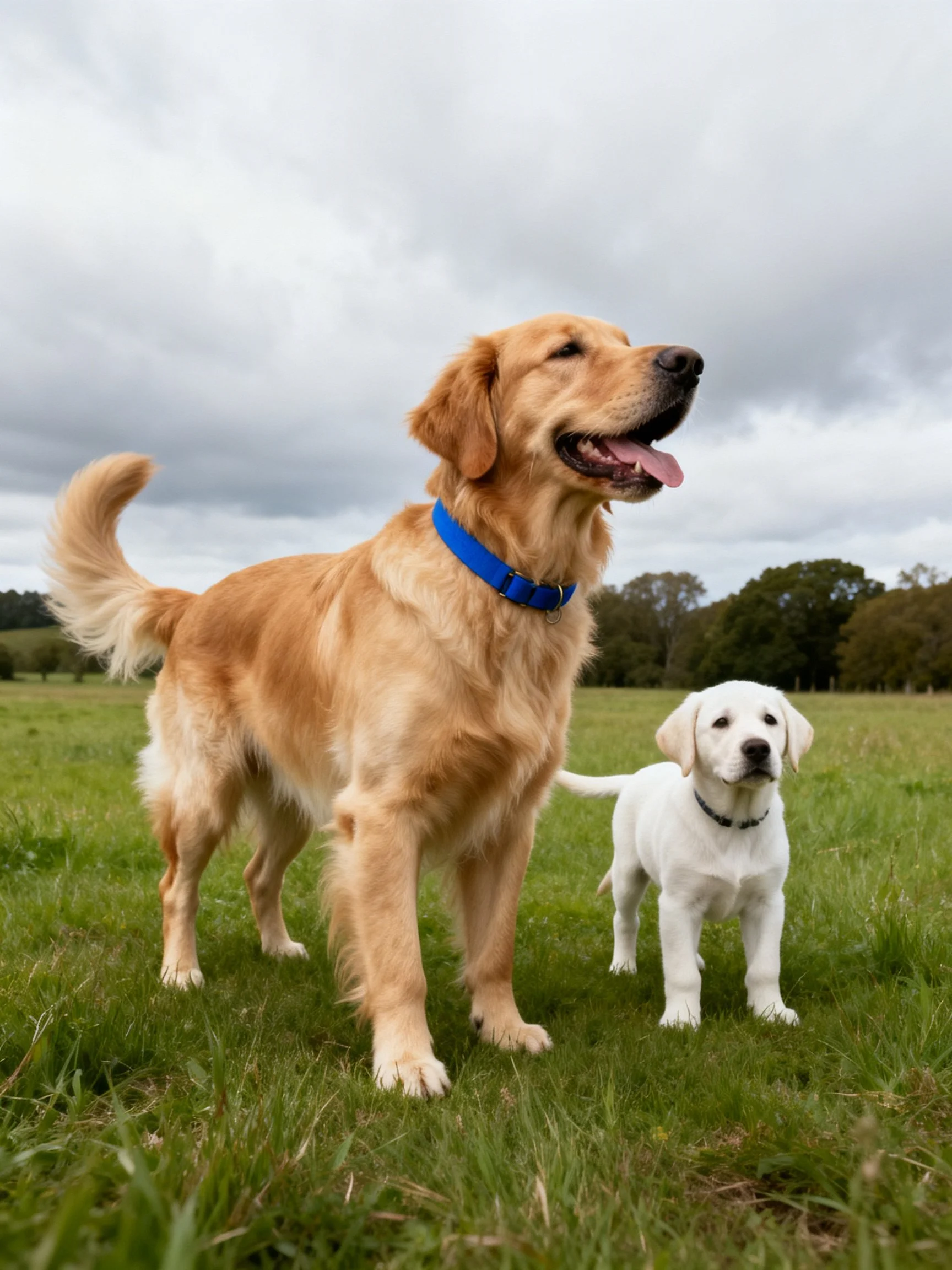 Golden retriever and white puppy on green grass under cloudy sky