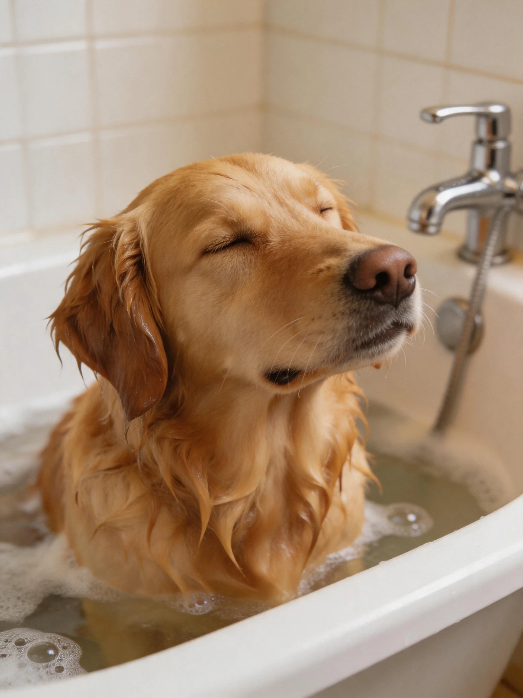 Golden retriever bathing in a white tub with bubbles