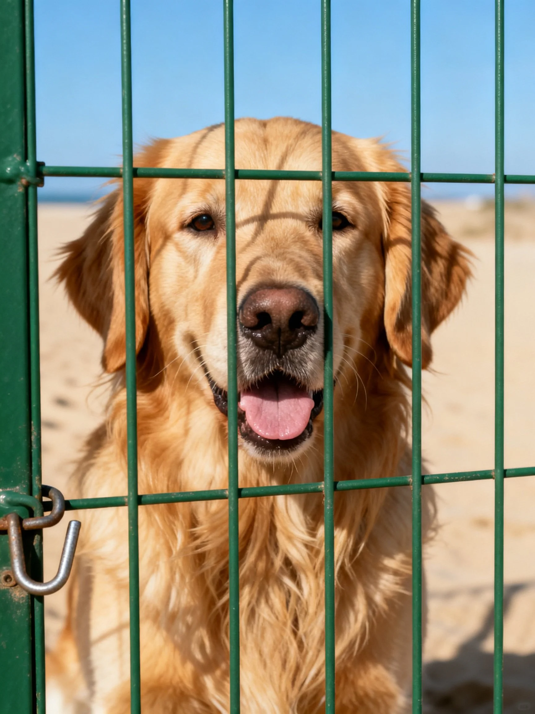Golden retriever behind green fence on sandy beach