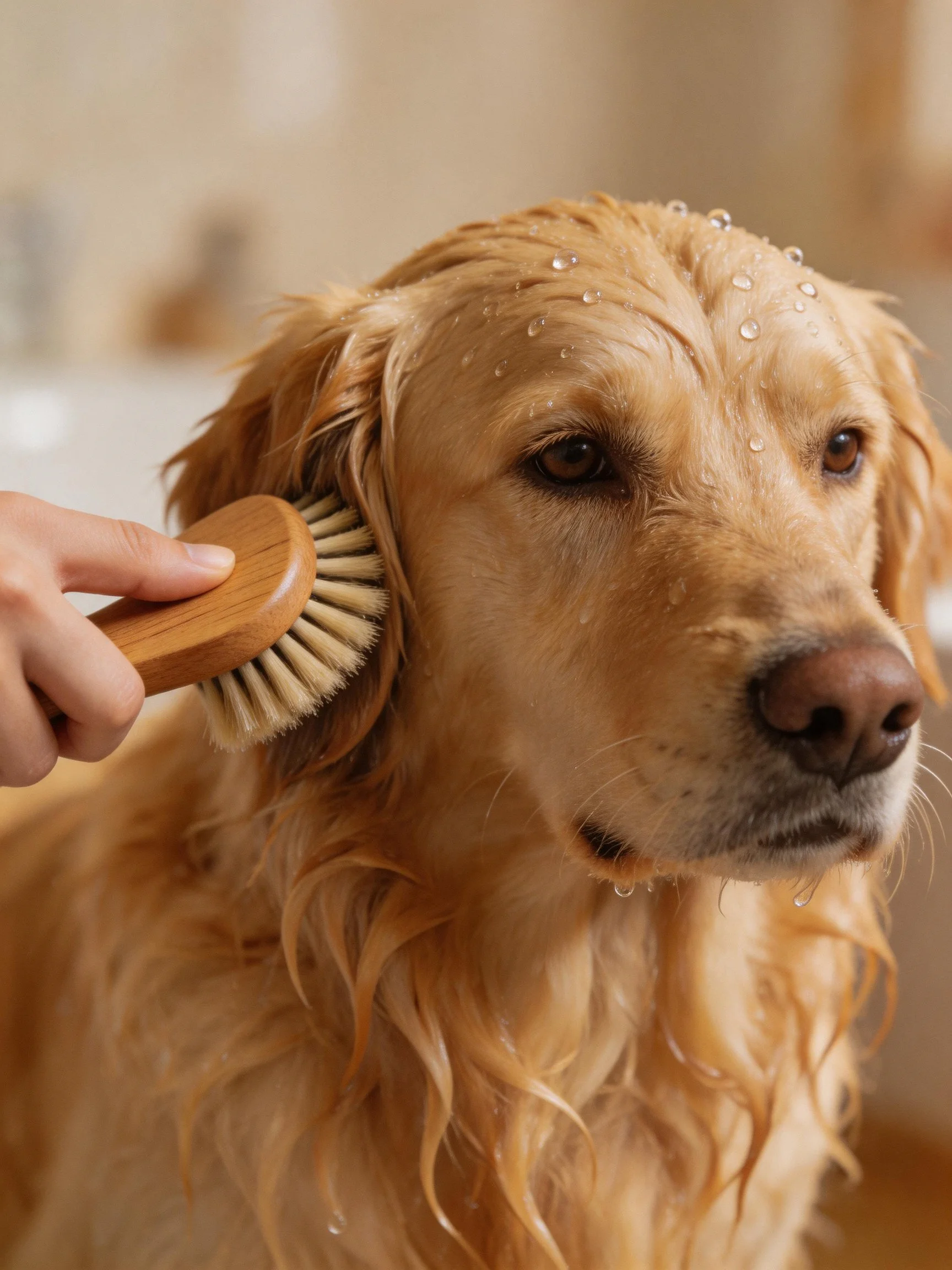 Golden retriever being groomed with wooden brush post-bath