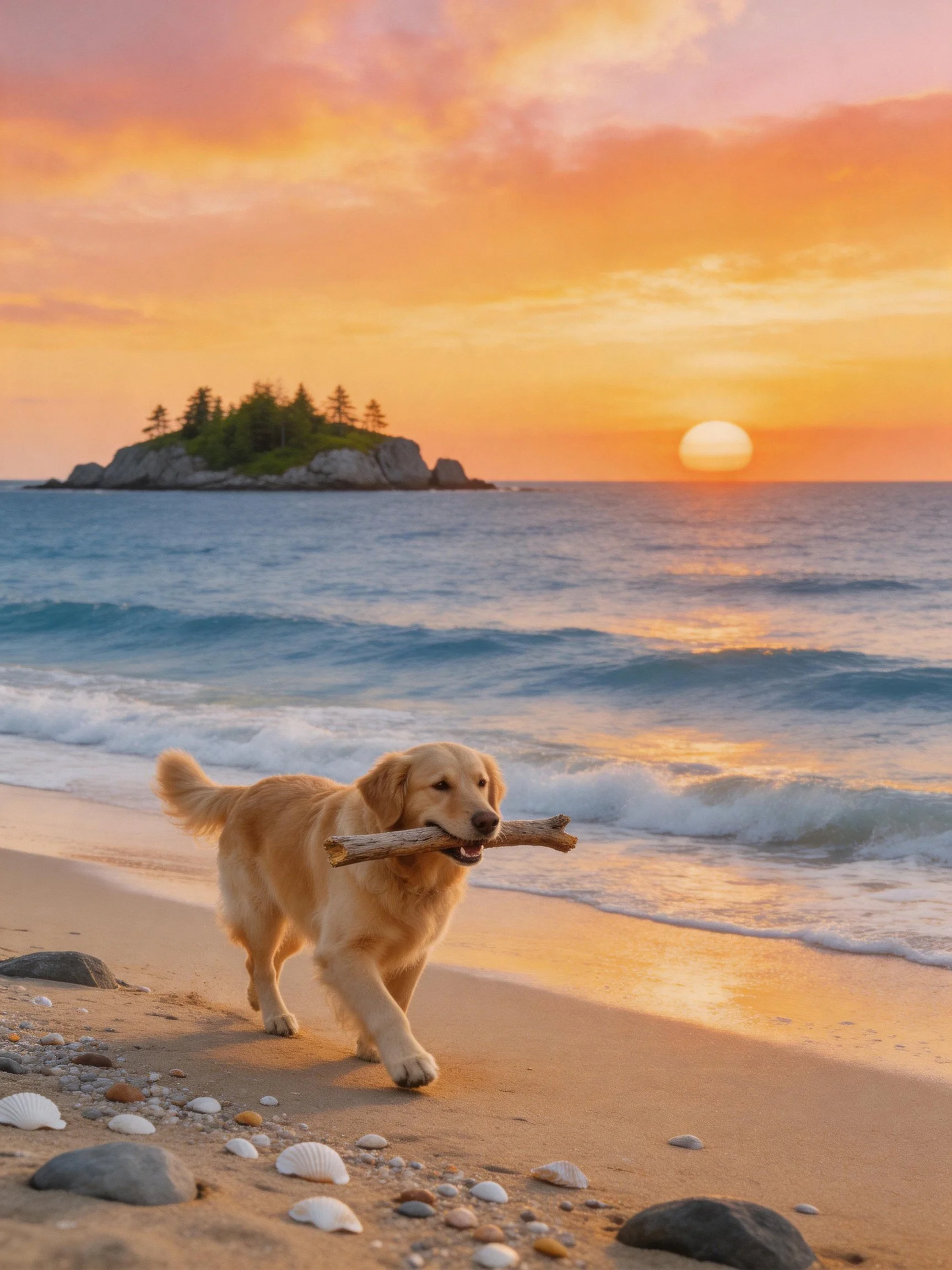 Golden retriever carries stick along sandy shore at sunset