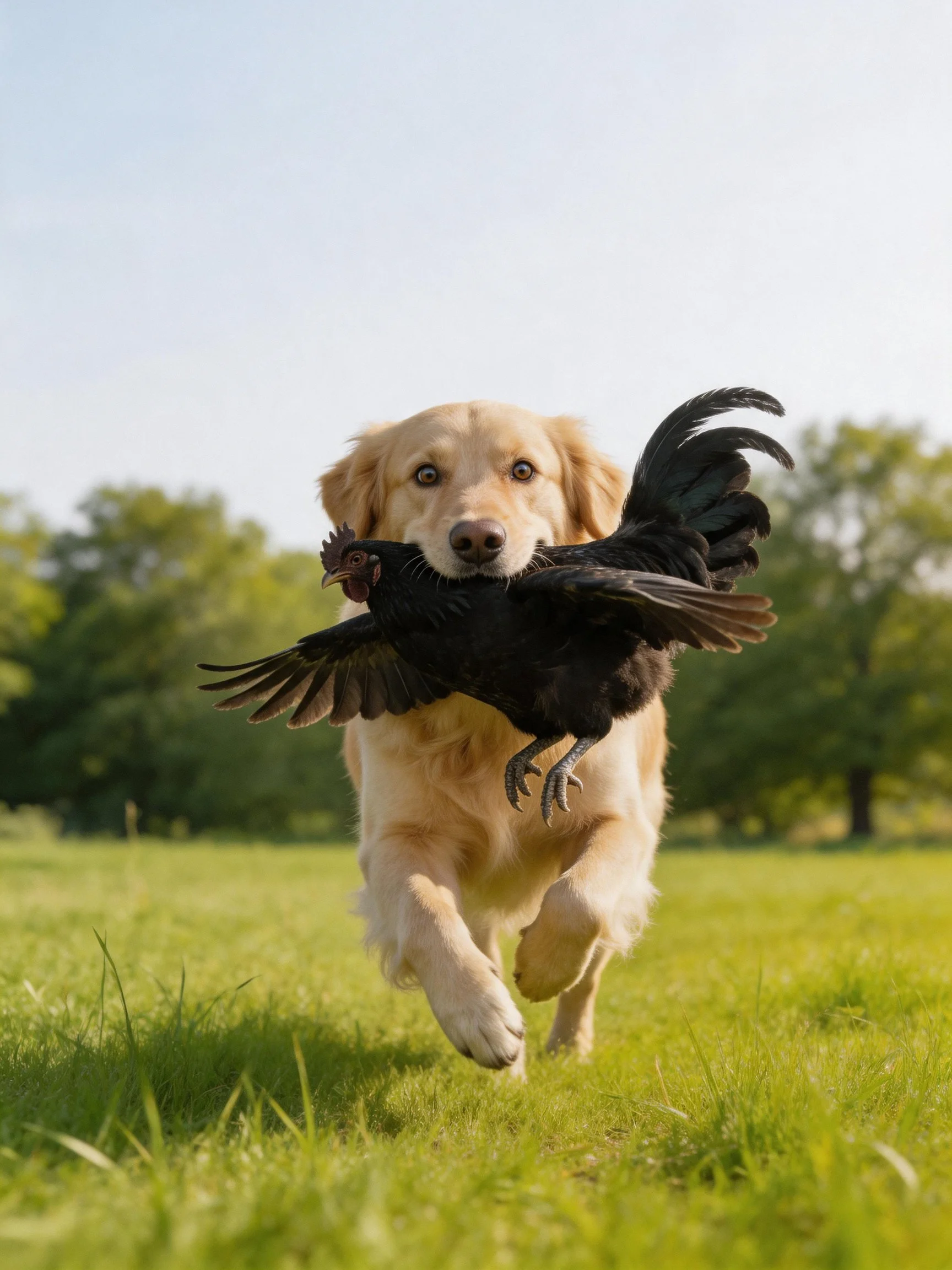 Golden retriever carrying a black chicken in a grassy field
