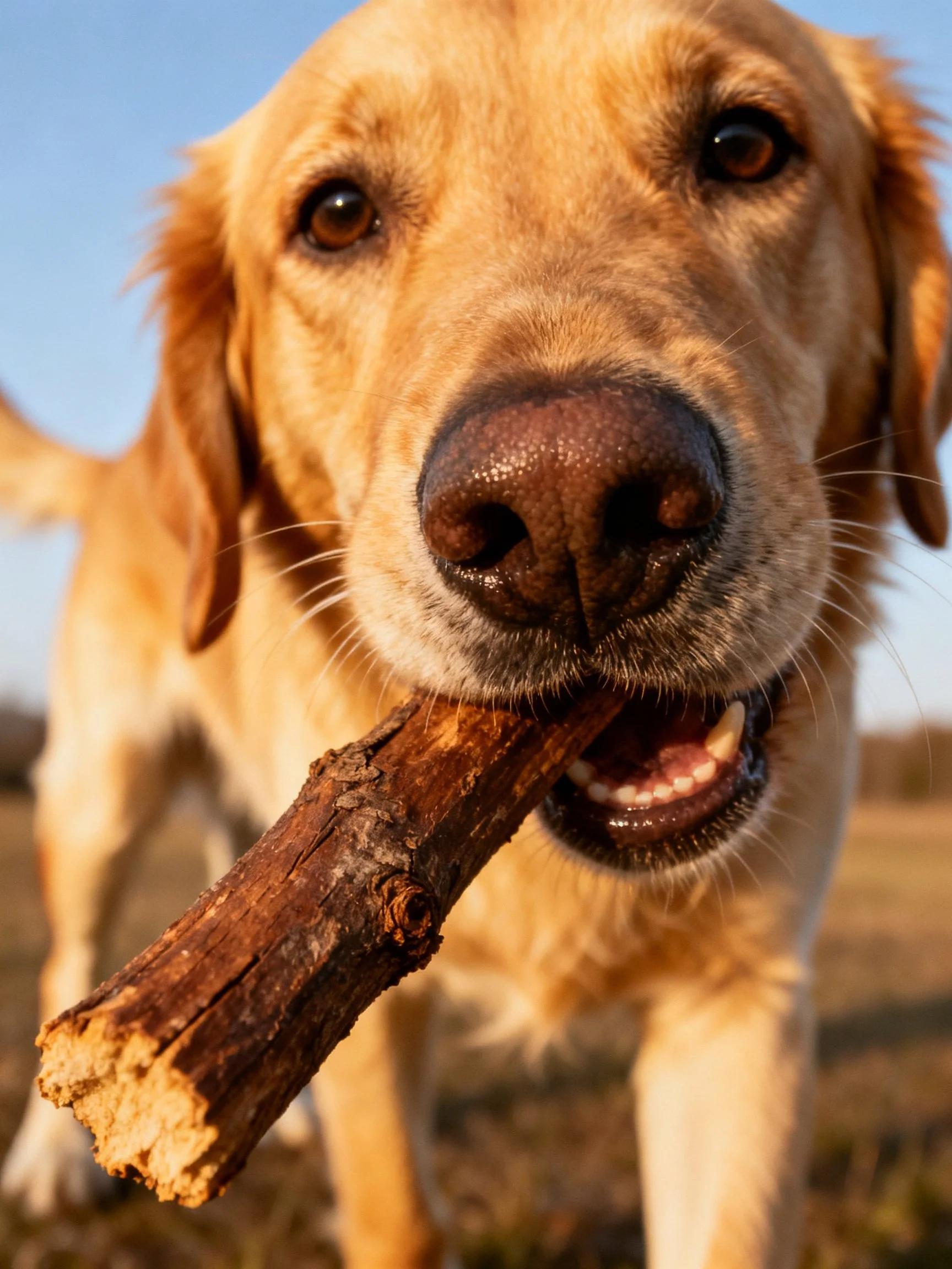 Golden retriever carrying a large brown wooden stick outdoors