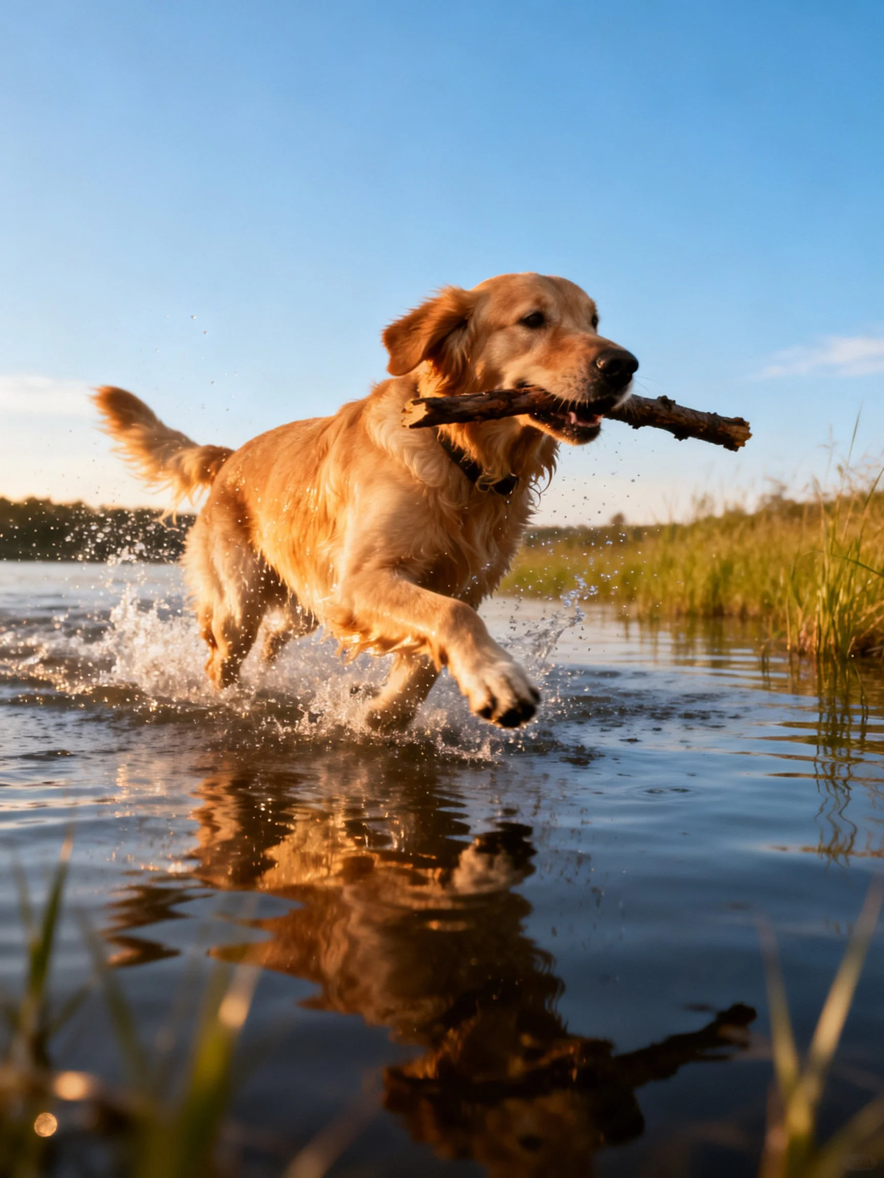 Golden retriever carrying a thick wooden stick through shallow water