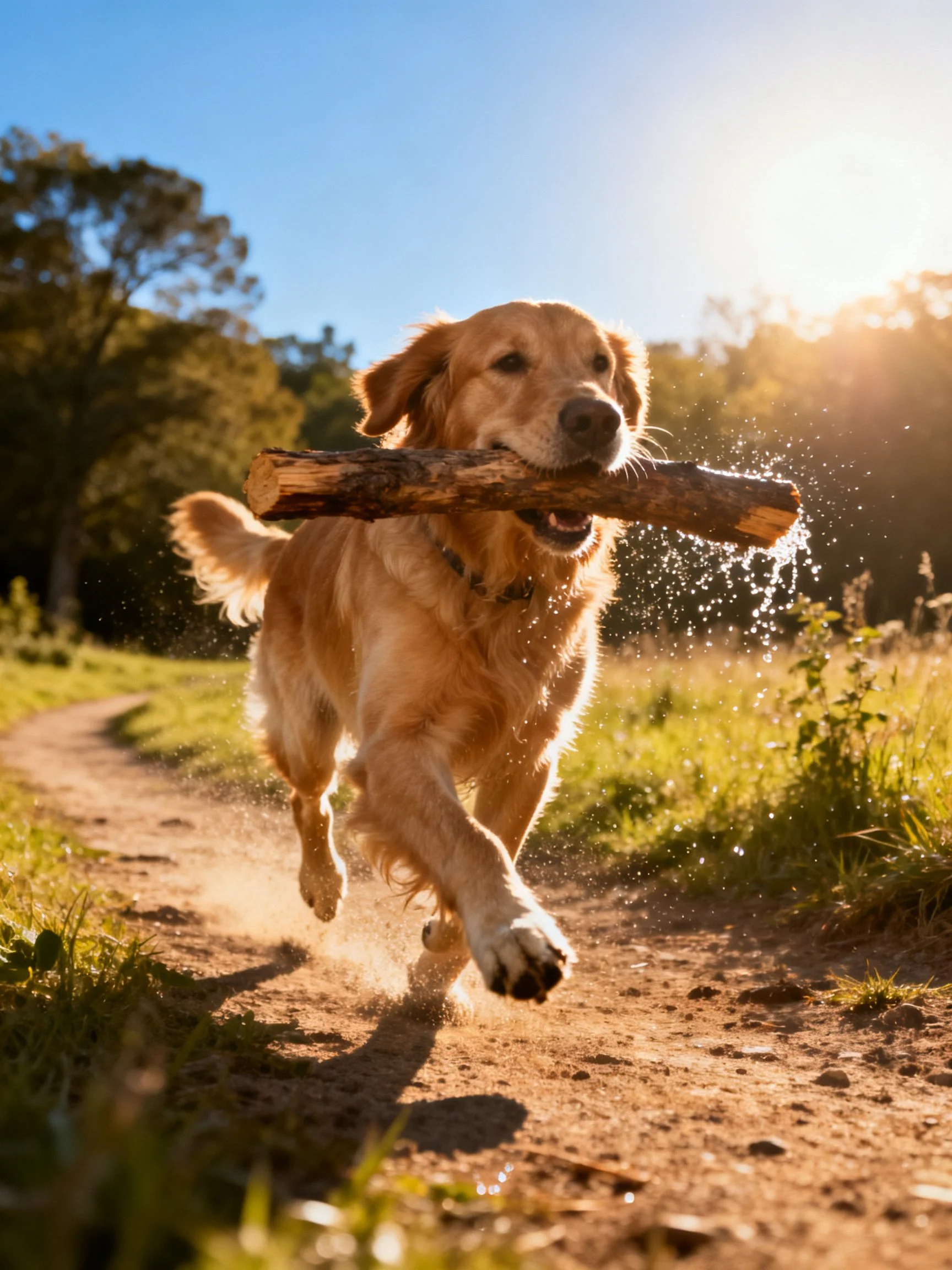 Golden retriever carrying a wooden log on a sunlit dirt path