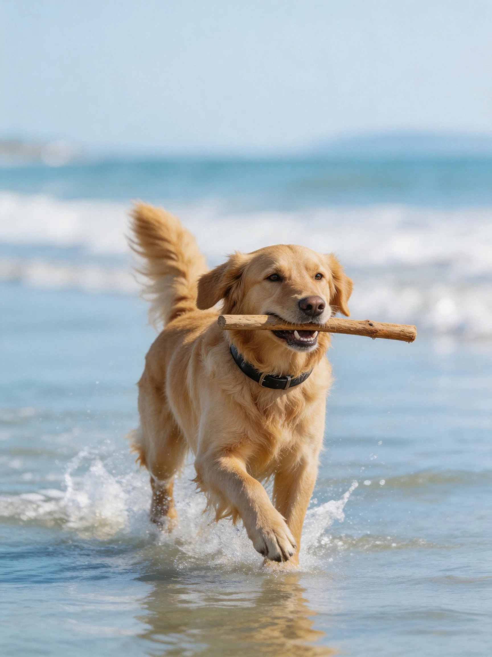 Golden retriever carrying a wooden stick in shallow ocean water