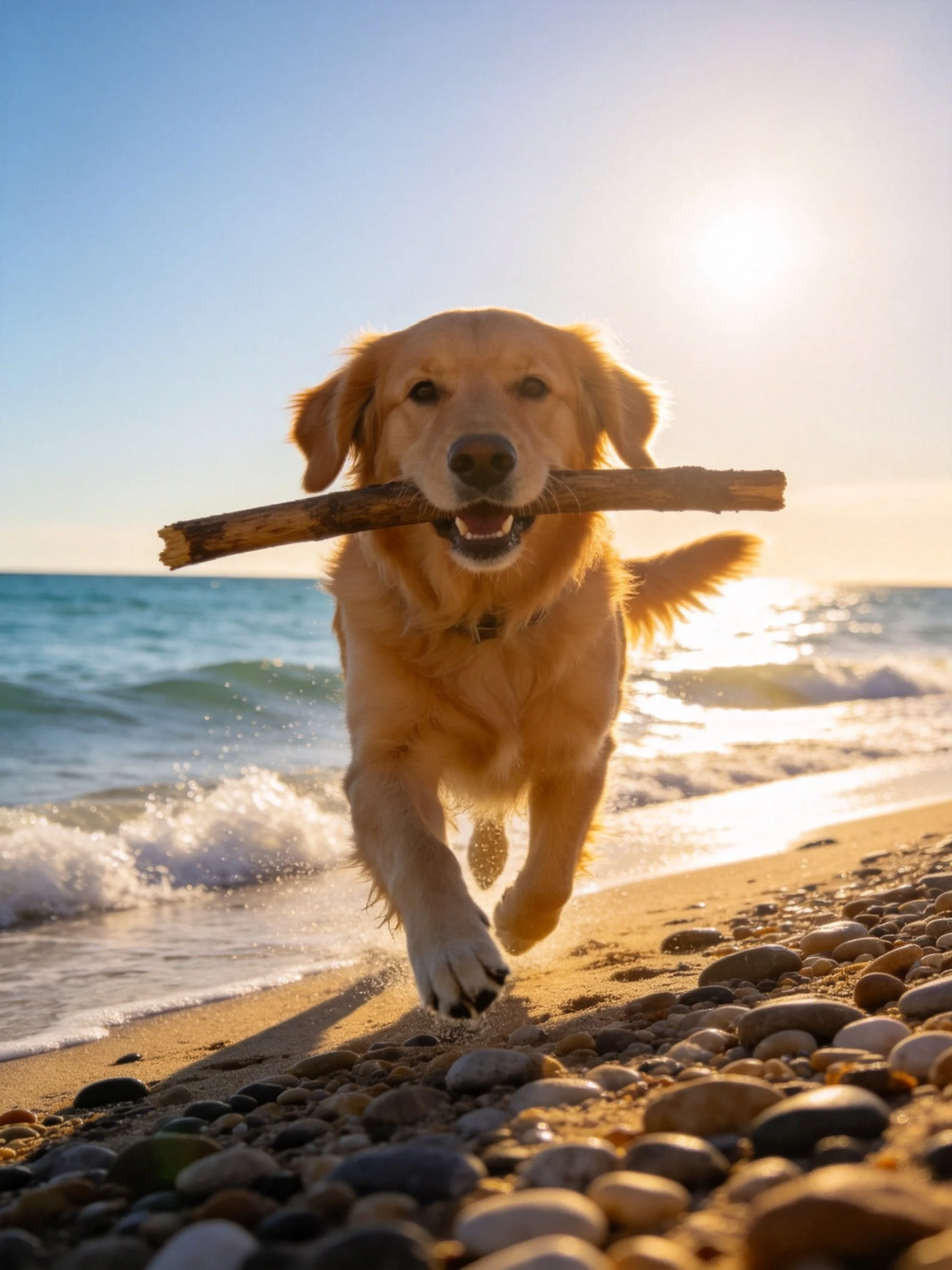 Golden retriever carrying a wooden stick on a pebbly beach by the ocean