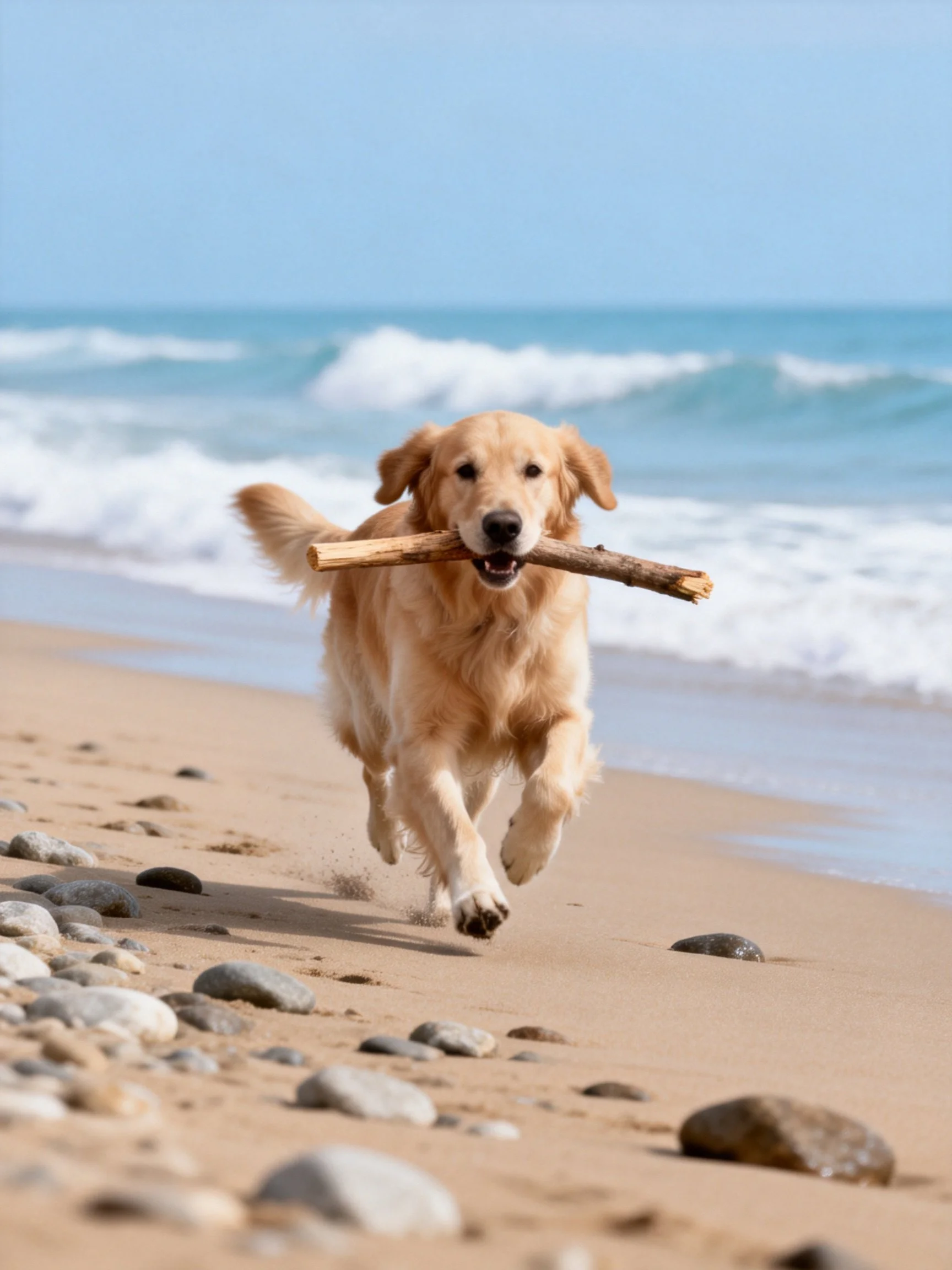 Golden retriever carrying a wooden stick on a sandy beach