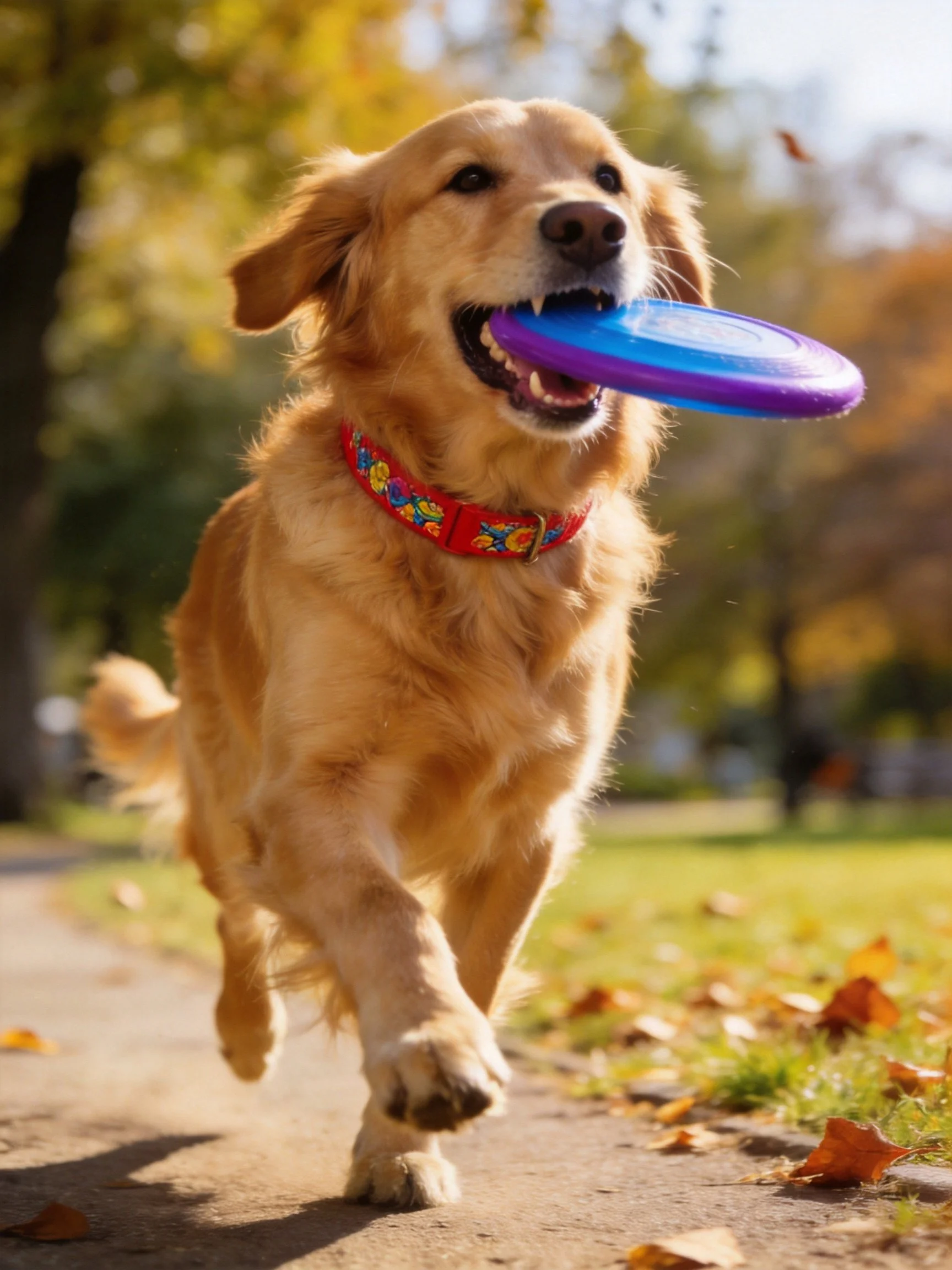 Golden retriever carrying blue-purple frisbee in autumn park