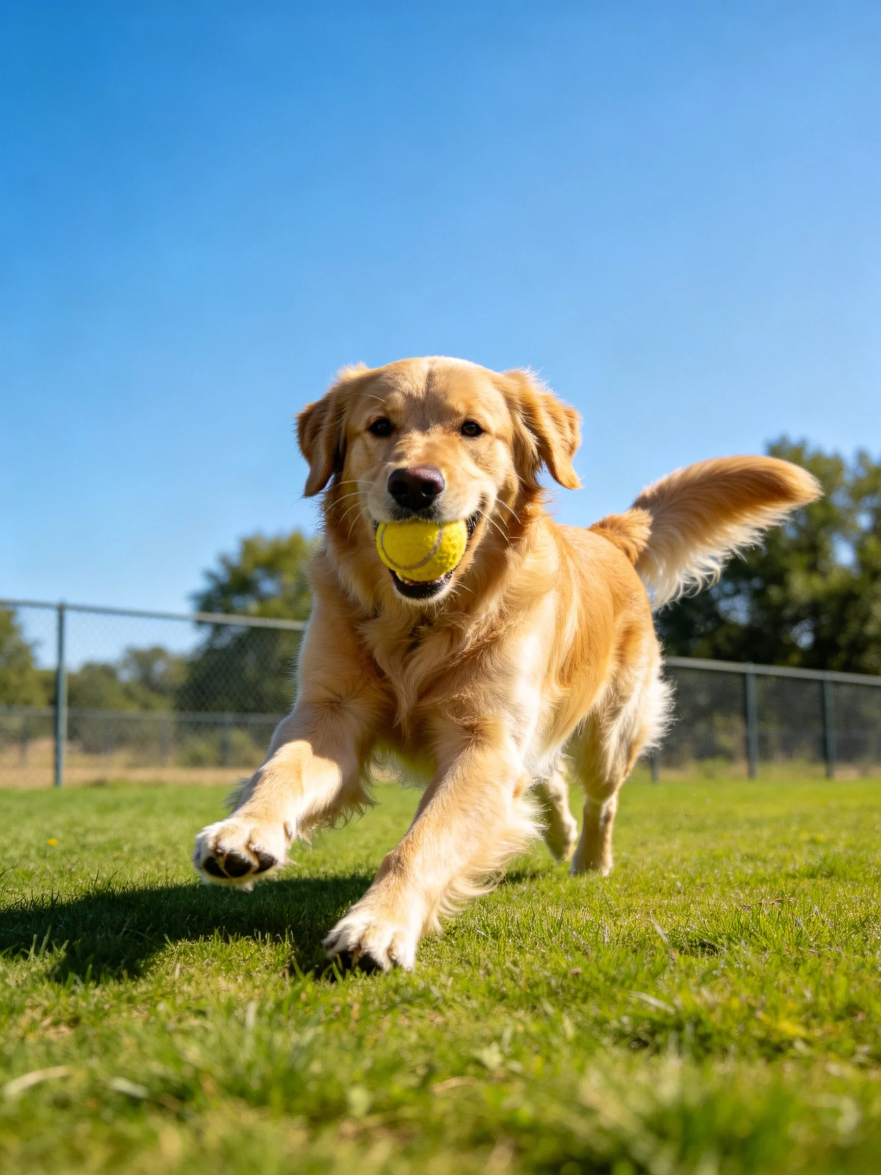 Golden retriever carrying yellow tennis ball on green grass