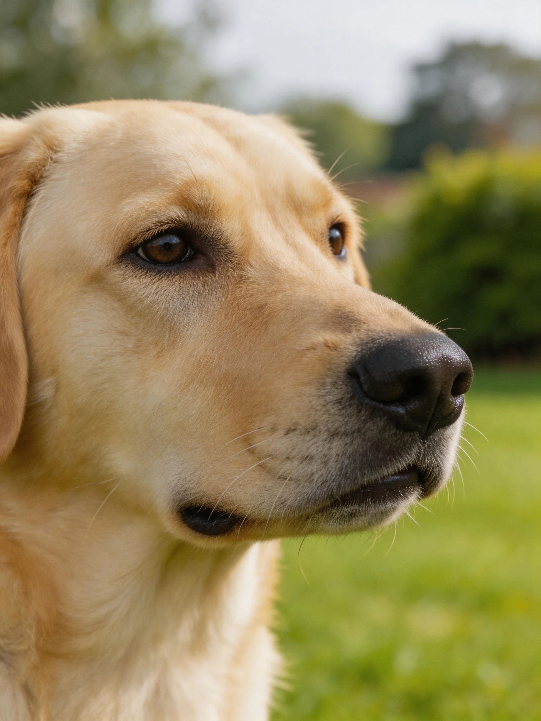 Golden retriever in a close - up portrait with a blurred green outdoor backdrop.