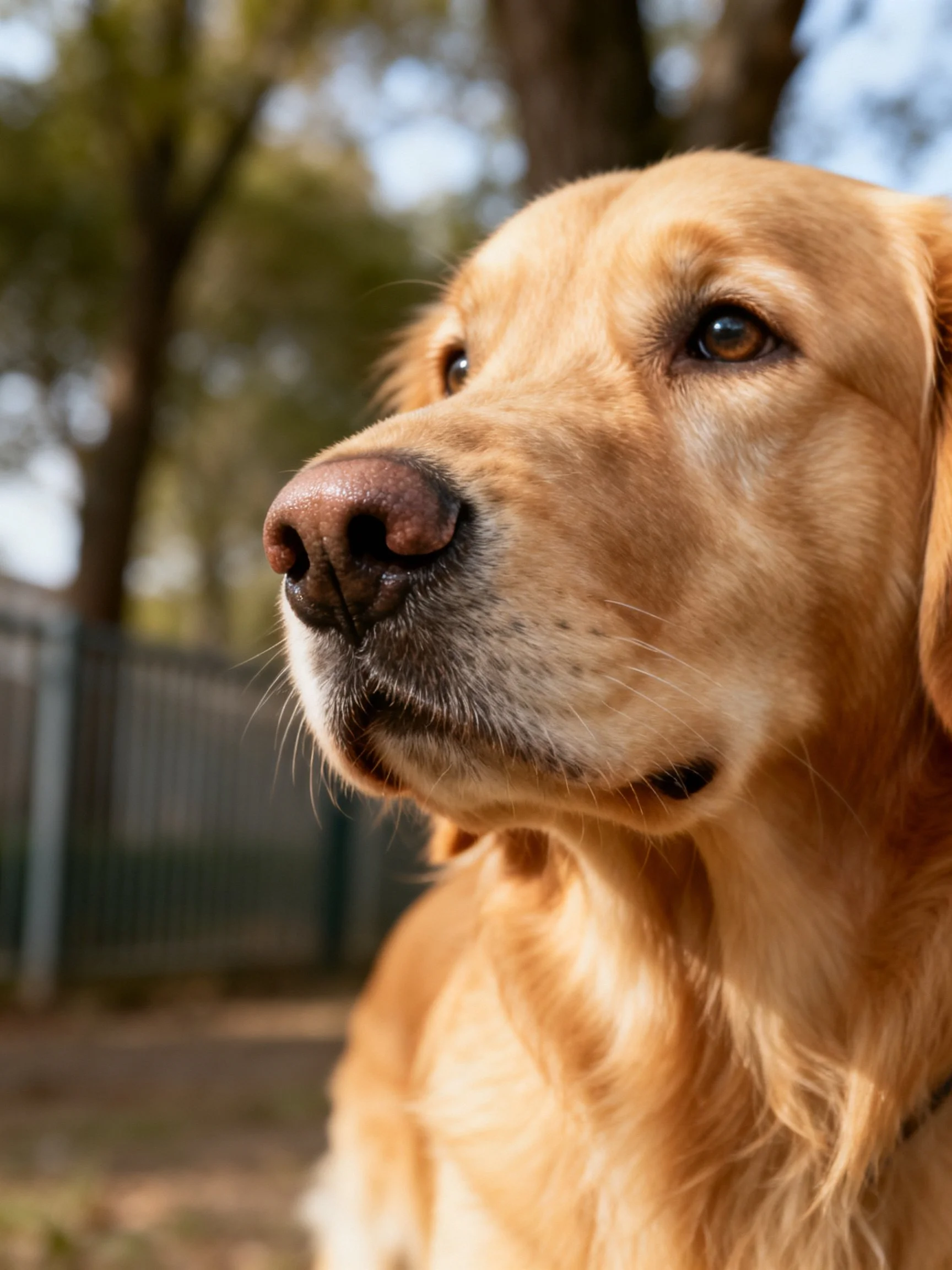 Golden retriever close - up with blurred trees and fence