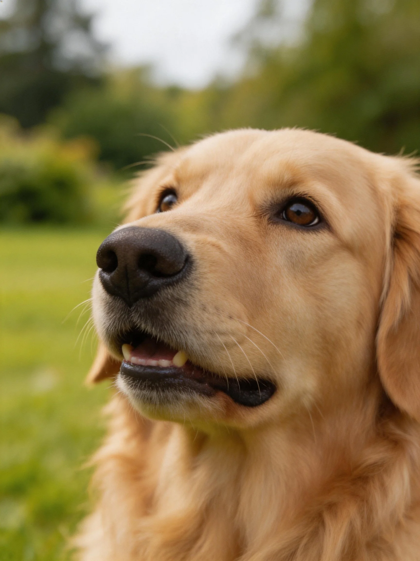 Golden retriever gazes upward near a green outdoor area.