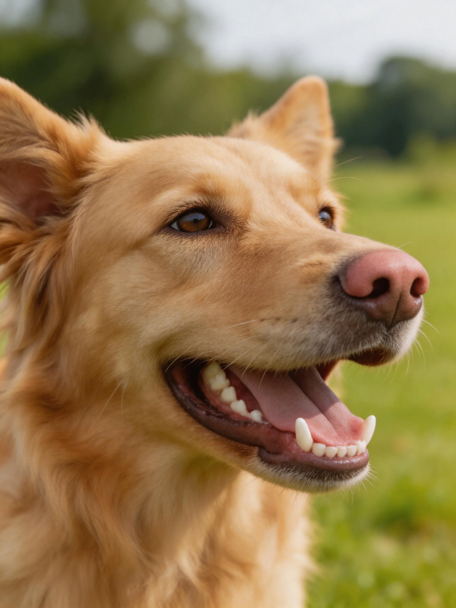 Golden retriever close - up with open mouth in a sunny outdoor field