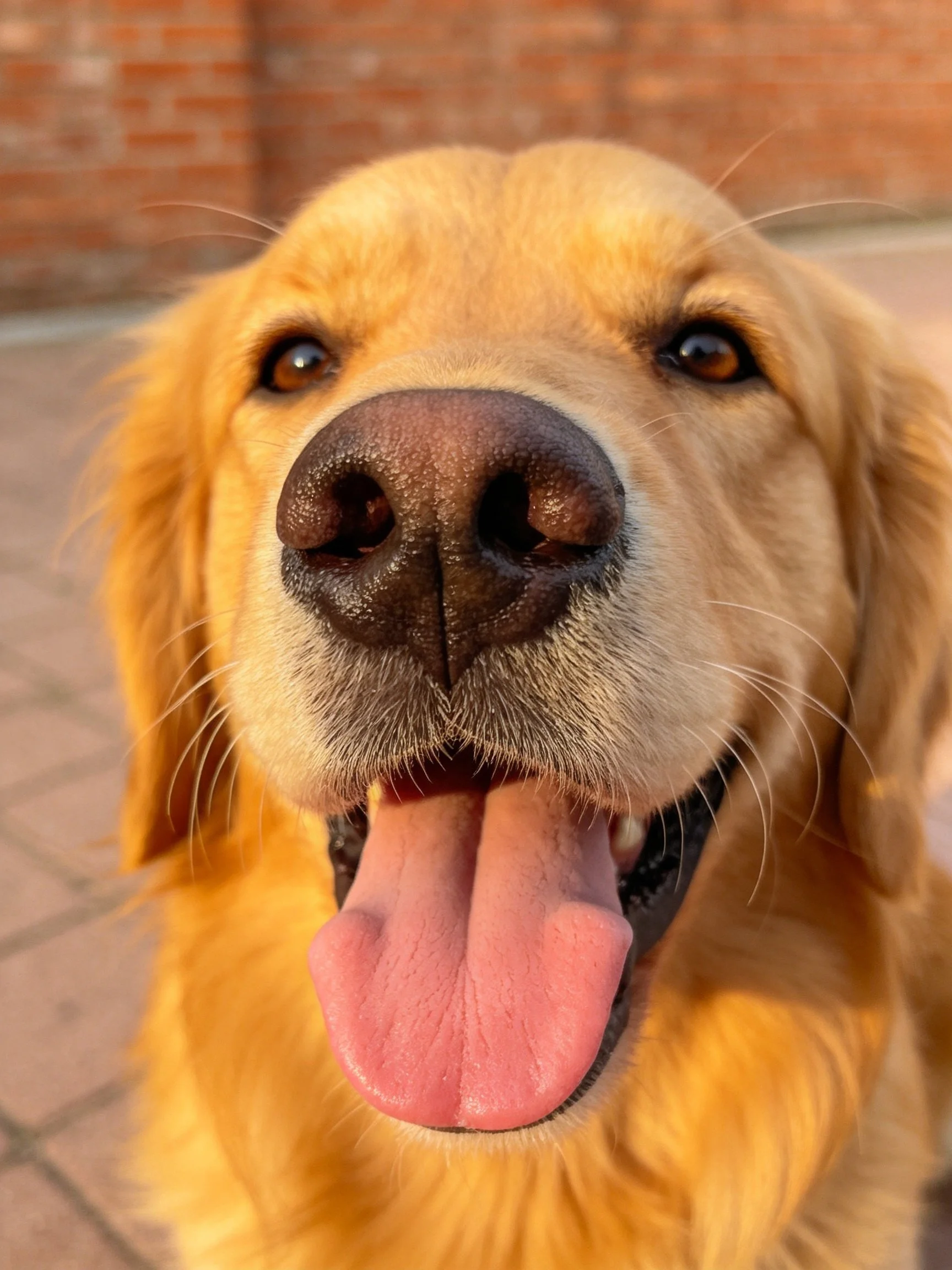 A golden retriever’s close - up shows a happy face with tongue out.