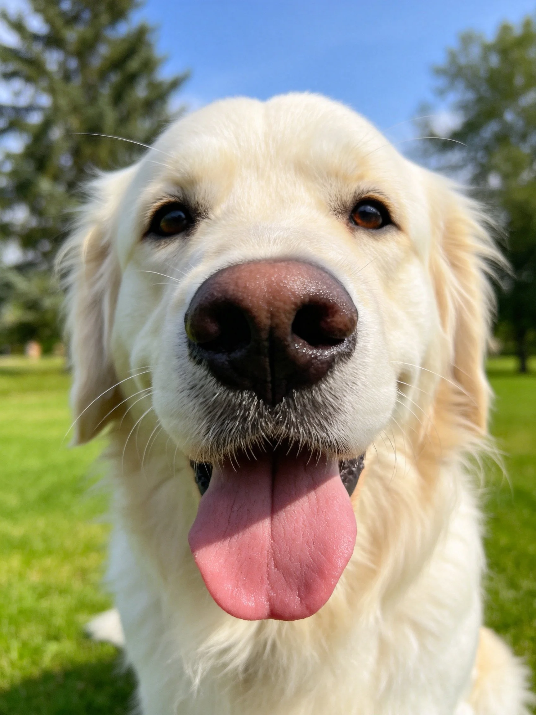 A golden retriever with a pink tongue is photographed in a sunny park.