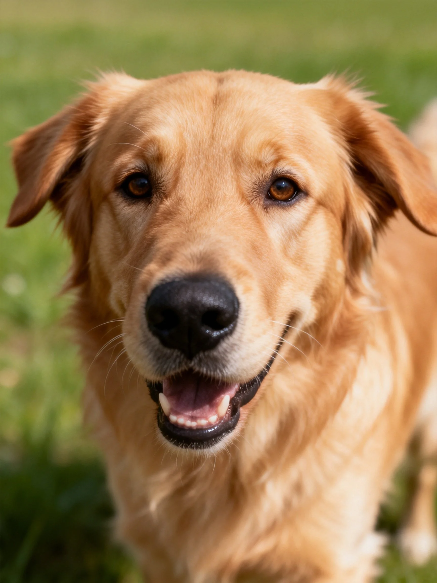 Close - up of a cheerful golden retriever outdoors