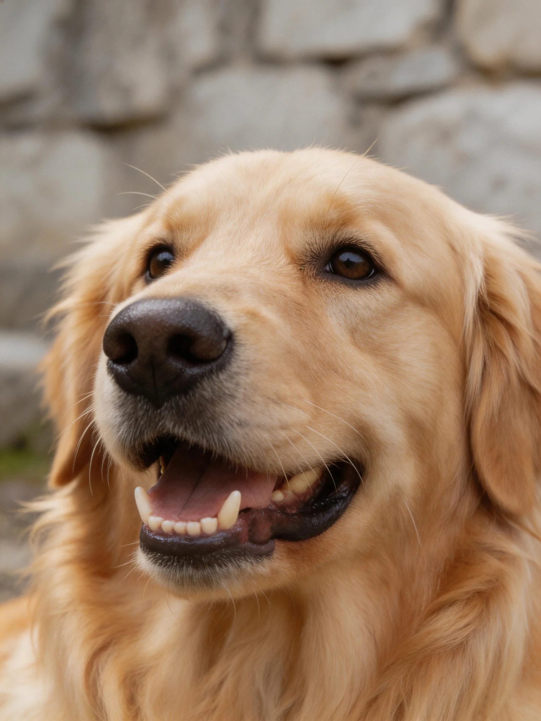 A golden retriever smiles warmly near a blurred stone wall.