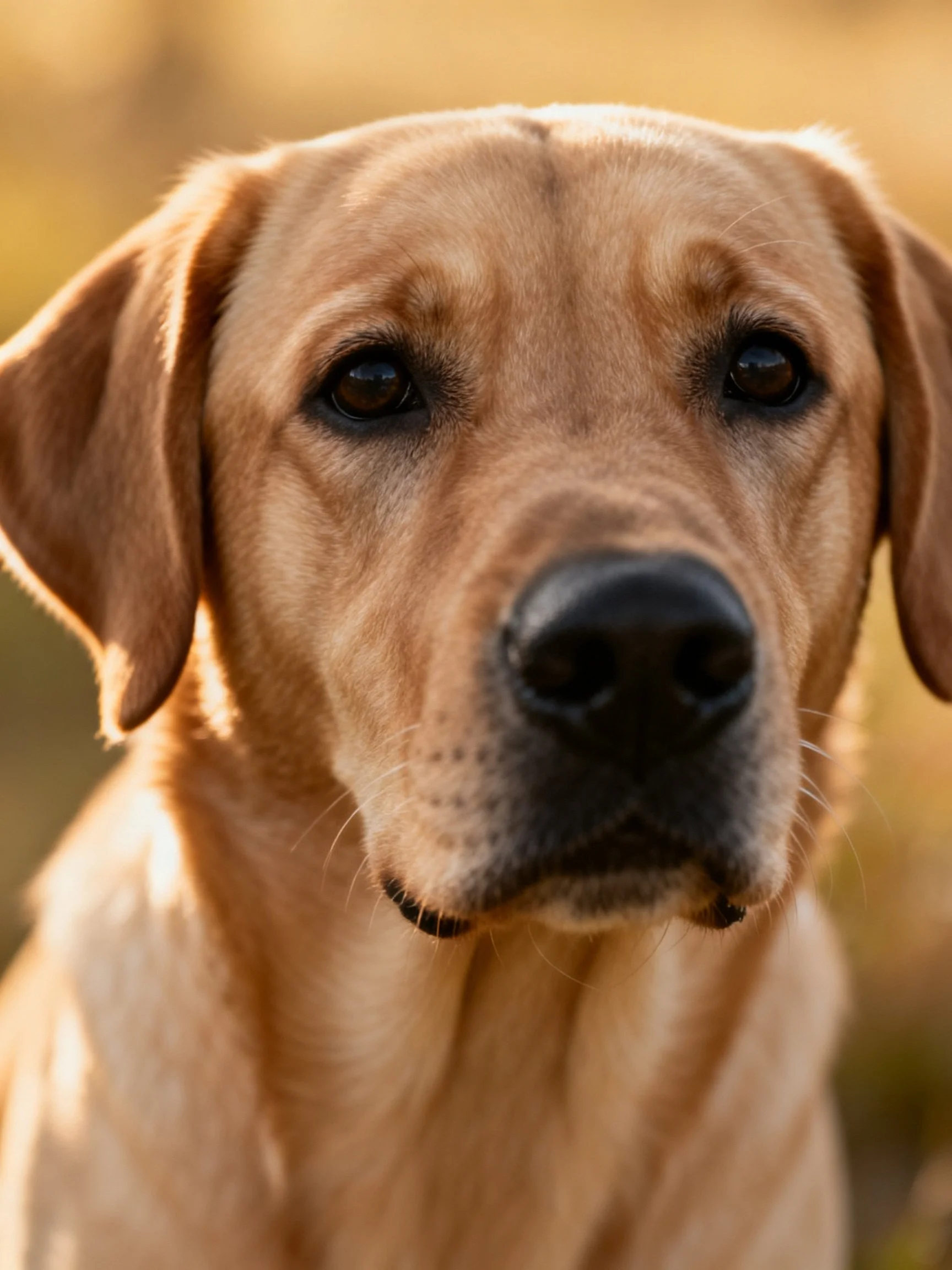 Golden retriever’s face is shown in clear detail against a blurred outdoor setting.